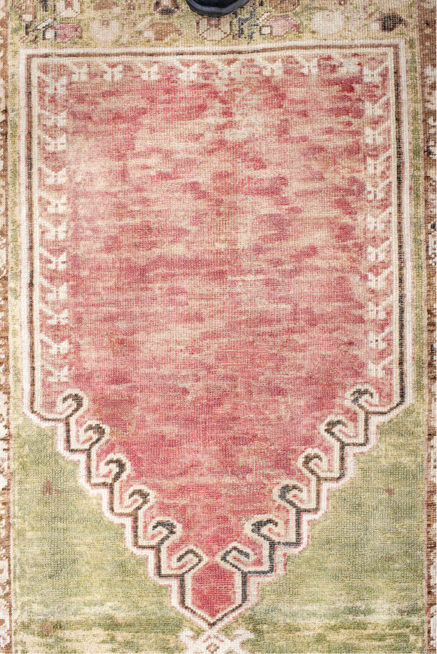 3' x 4' one-of-a-kind handmade vintage Anatol small size rug. Color palette: brown, gray, linen, misty rose, off-white
