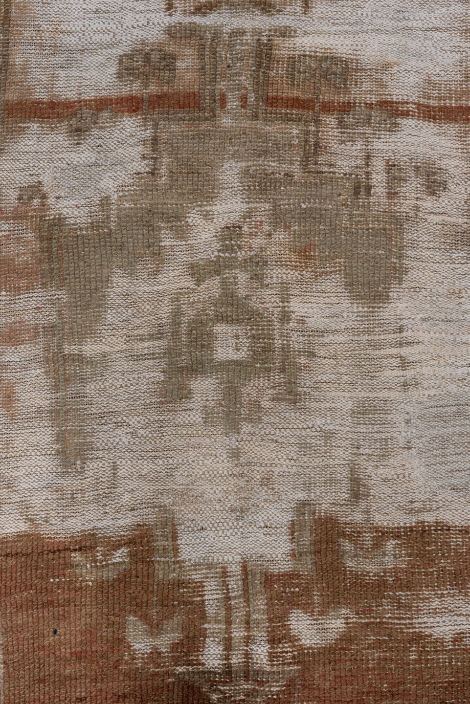4' x 8' one-of-a-kind handmade vintage Oushak rug. Color palette: brown, gray, light gray, off-white, pink