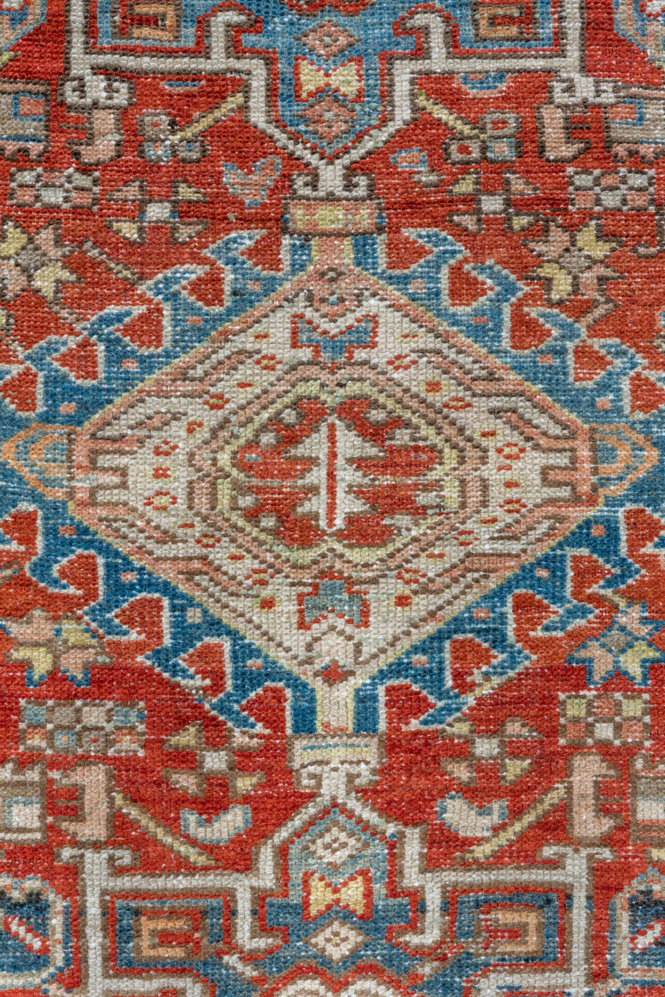 3' x 4' one-of-a-kind handmade vintage Karaje small size rug. Color palette: black, blue, brown, charcoal, gray, light gray