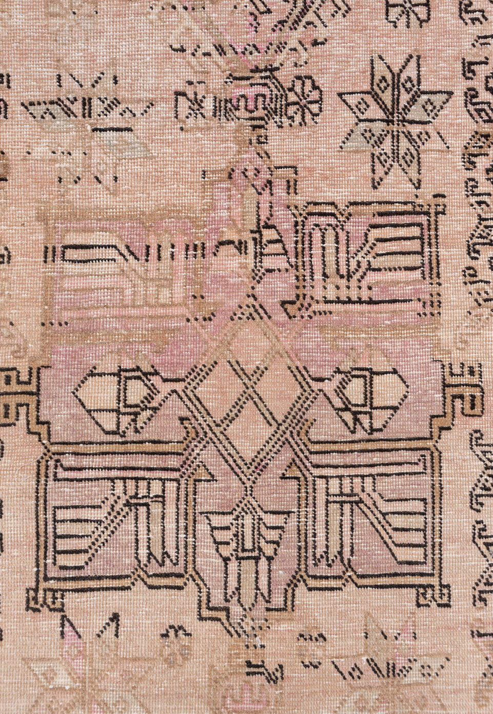 3' x 12' one-of-a-kind handmade vintage Heriz runner rug. Color palette: brown, gray, light gray, off-white, pink, snow