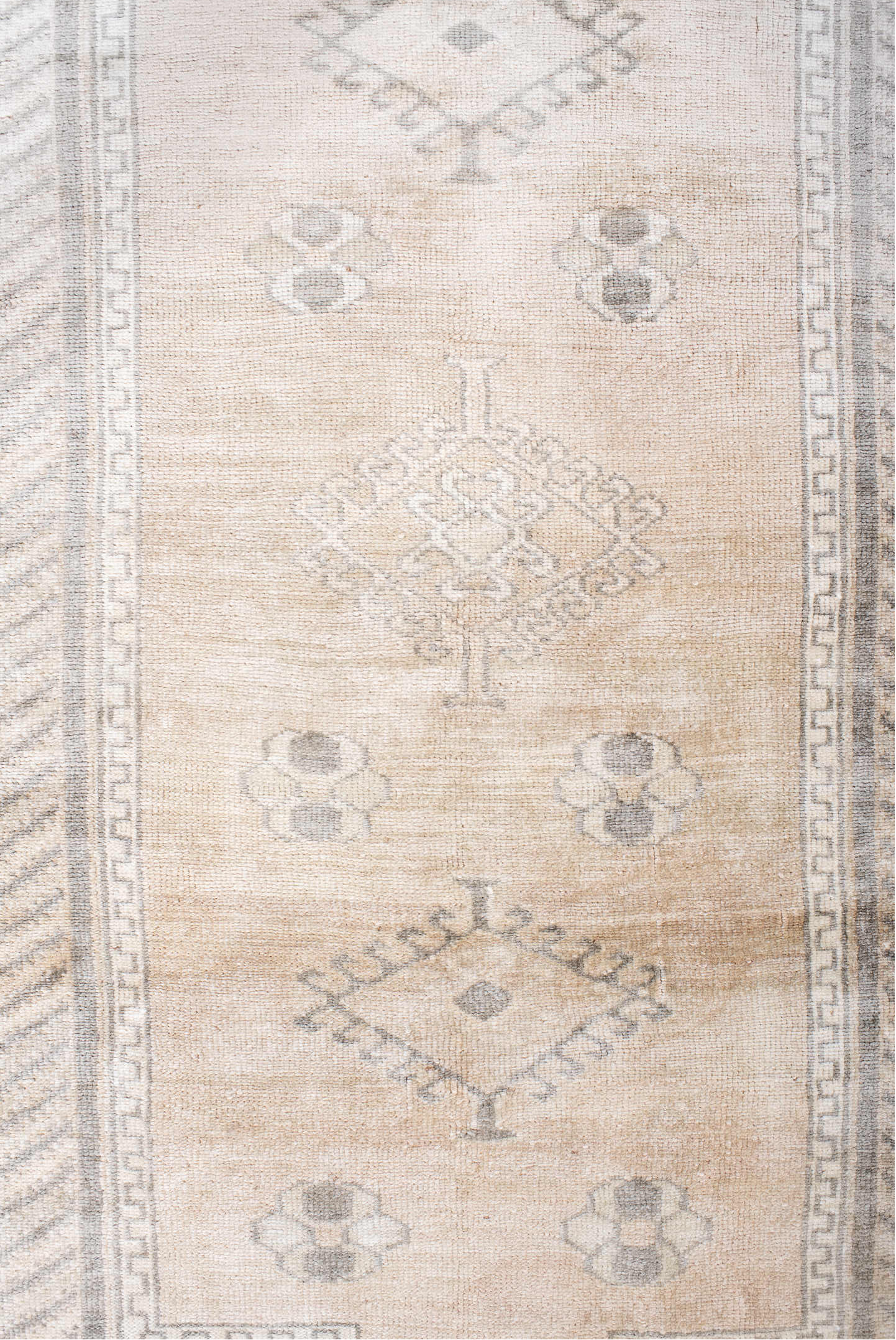 3' x 6' one-of-a-kind handmade vintage Anatol small size rug. Color palette: antiquewhite, brown, dark gray, floral white
