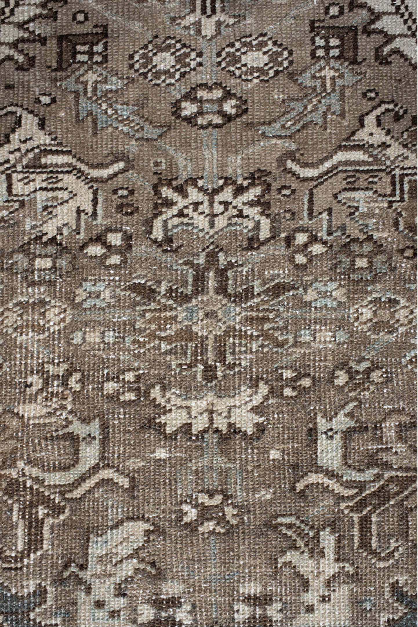 7' x 7' one-of-a-kind handmade vintage Heriz rug. Color palette: gray, black, pink, light gray, off-white, linen, seashell