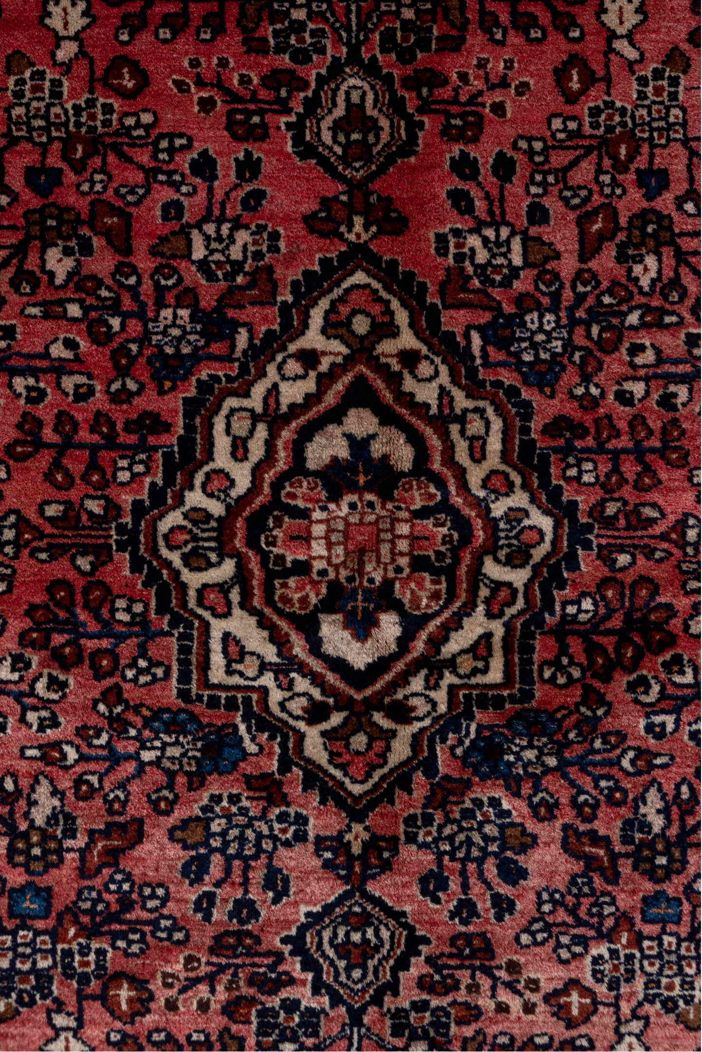 4' x 6' one-of-a-kind handmade vintage Lilian small size rug. Color palette: gray, brown, red, pink, black, blue, wine