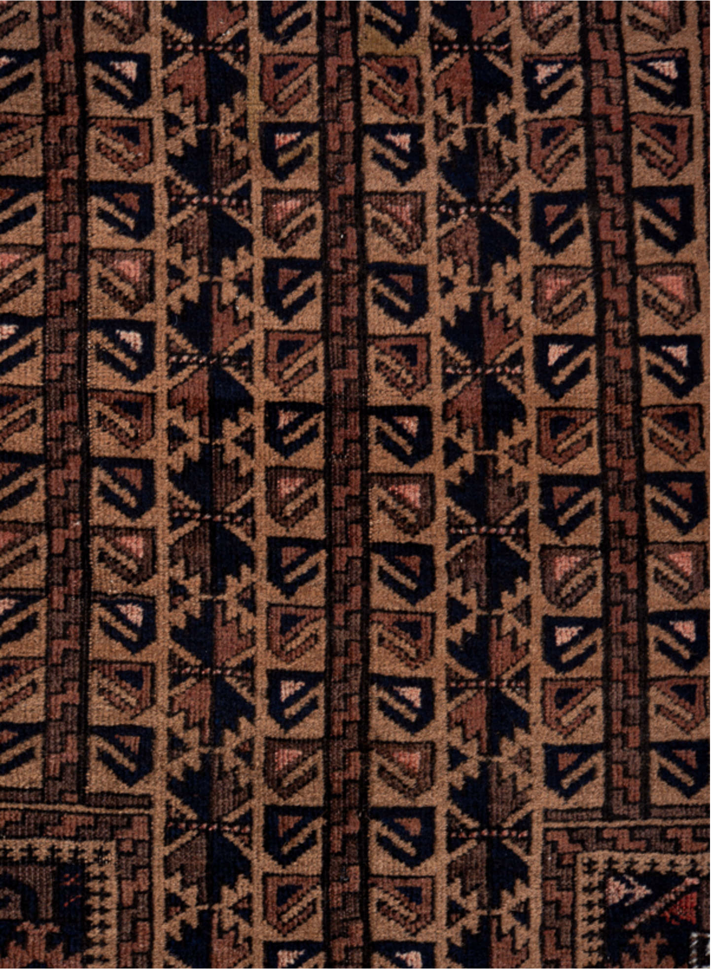 3' x 4' one-of-a-kind handmade vintage Belouch small size rug. Color palette: black, blue, brown, dark gray, gray