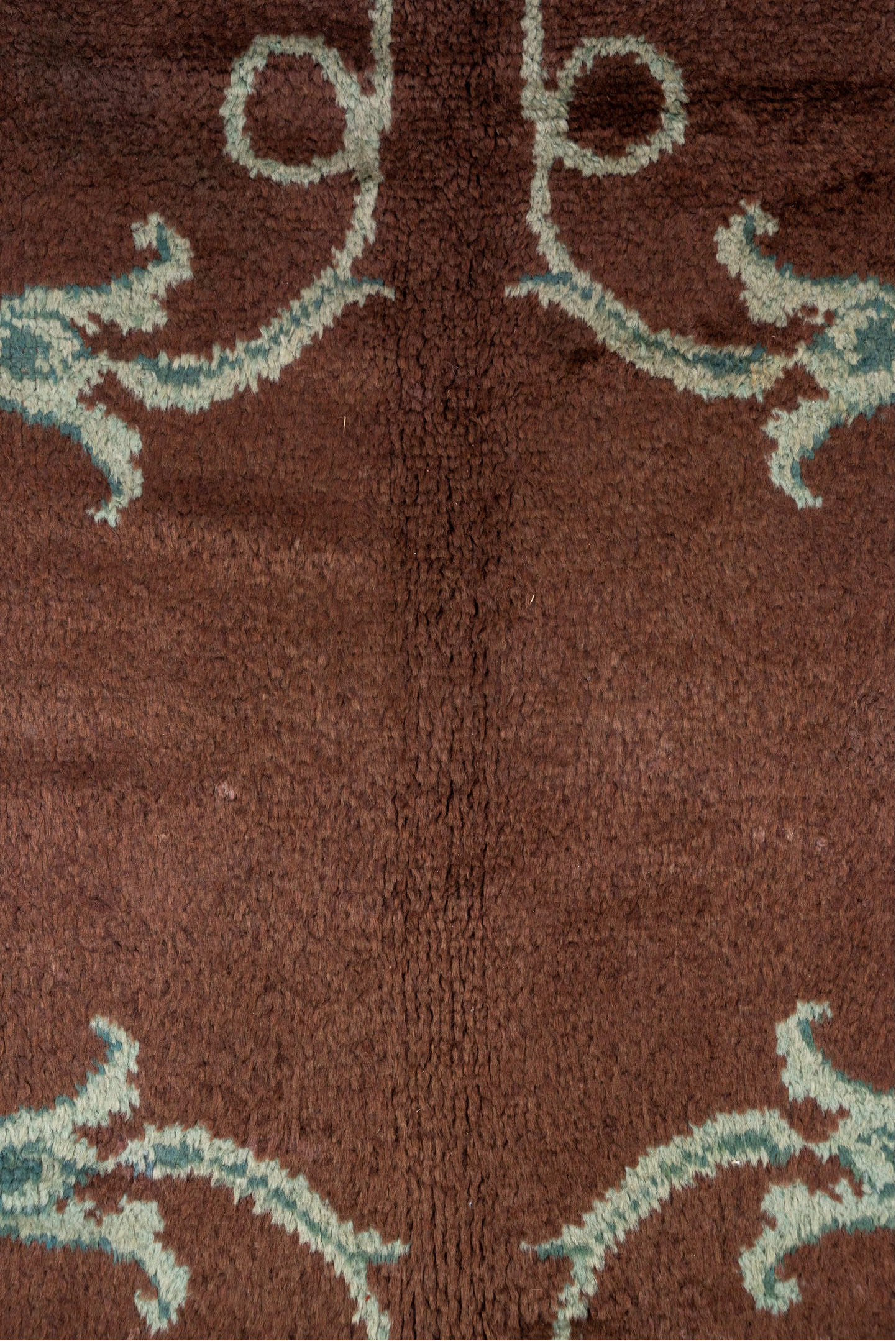 9' x 13' one-of-a-kind handmade vintage European large size rug. Color palette: brown, gray, orange, redwood, tan