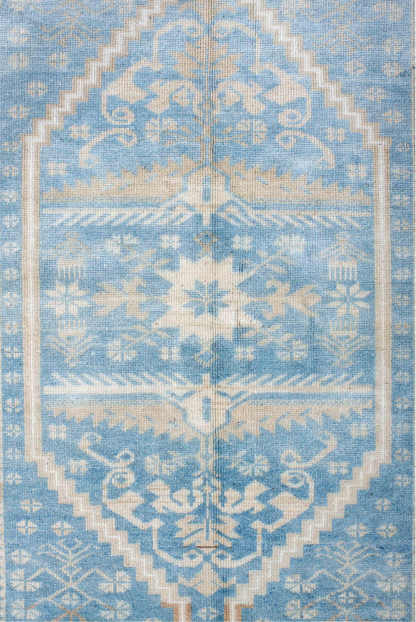 3' x 6' one-of-a-kind handmade vintage Anatol runner rug. Color palette: brown, dark gray, gainsboro, gray, light blue