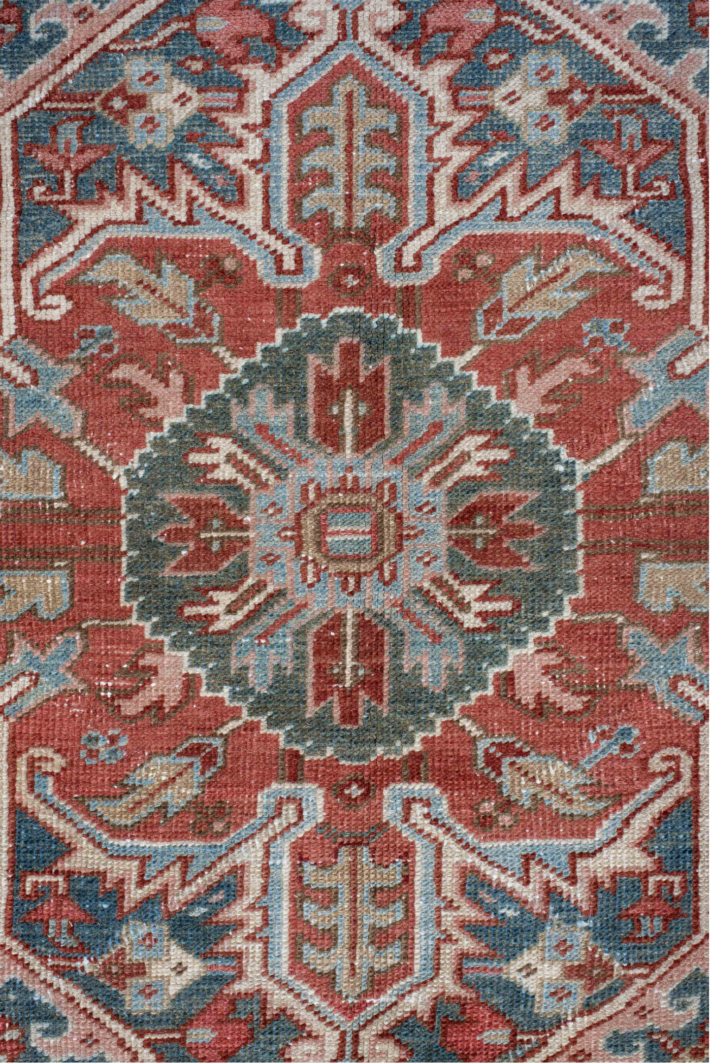 8' x 12' one-of-a-kind handmade vintage Heriz large size rug. Color palette: blue, brown, gray, light gray, off-white, pink