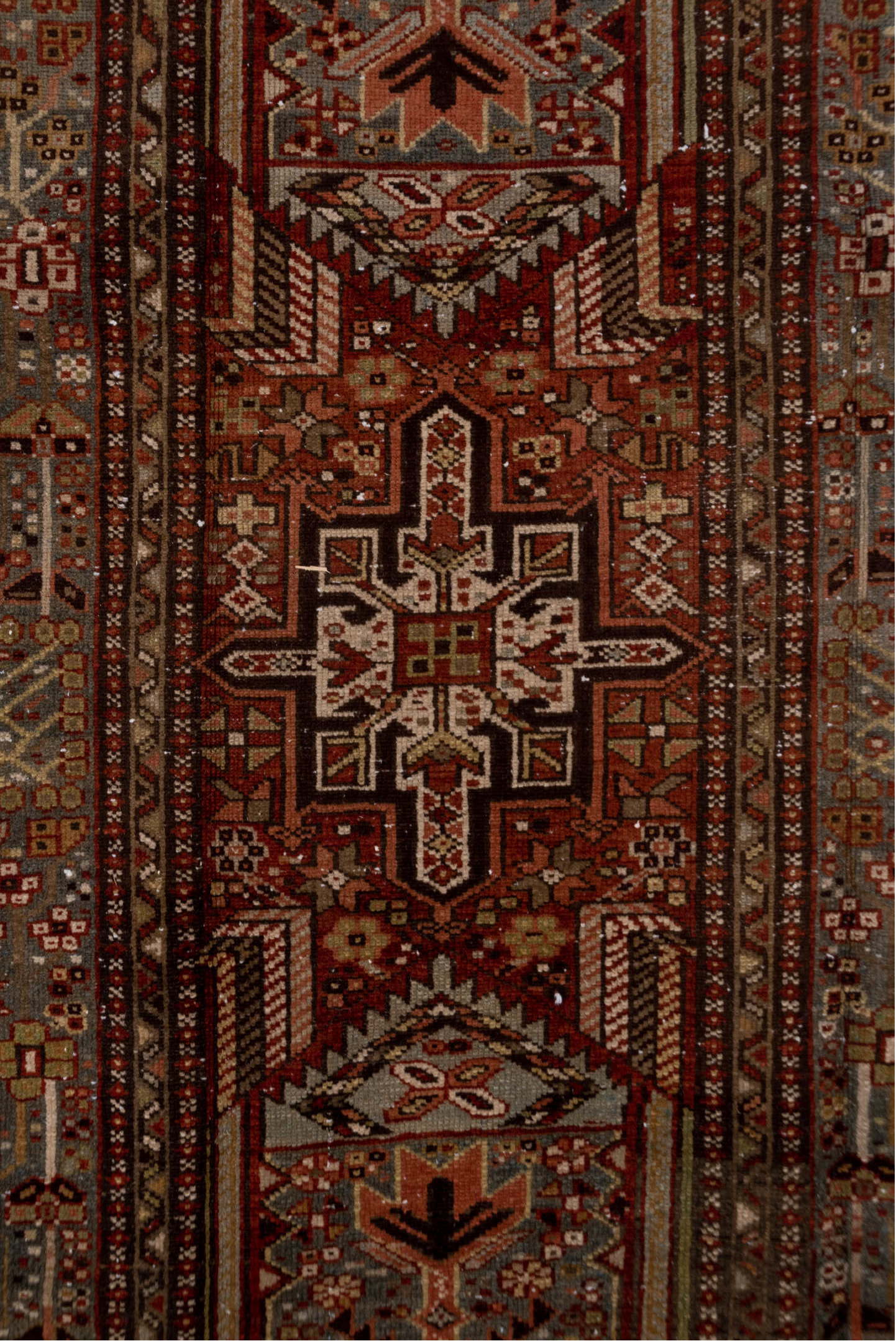 3' x 14' one-of-a-kind handmade vintage Karaje runner rug. Color palette: brown, gray, off-white, pink, red, snow, white