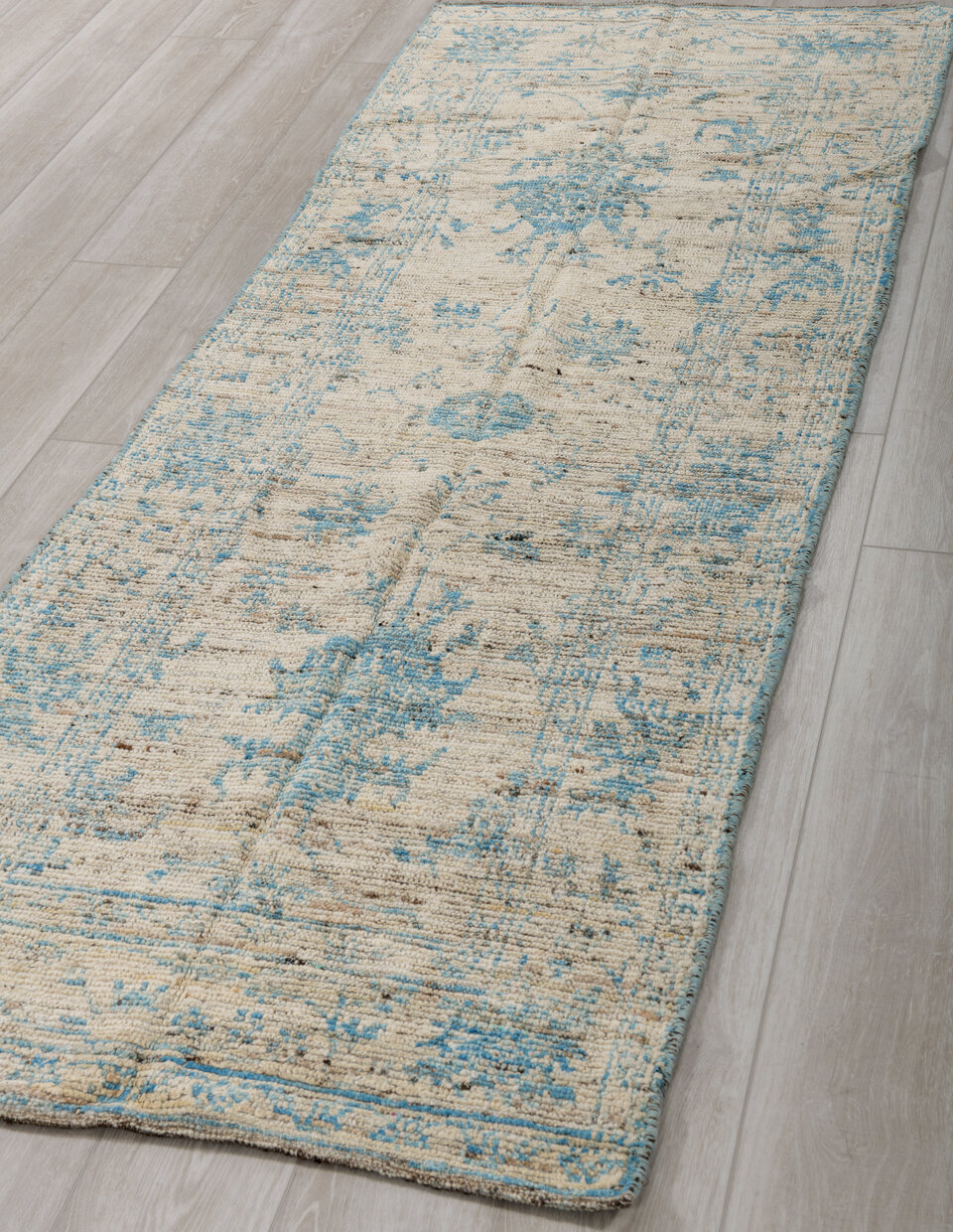 3' x 8' one-of-a-kind handmade vintage Tulu runner rug. Color palette: blue, brown, dark gray, gray, light gray, off-white