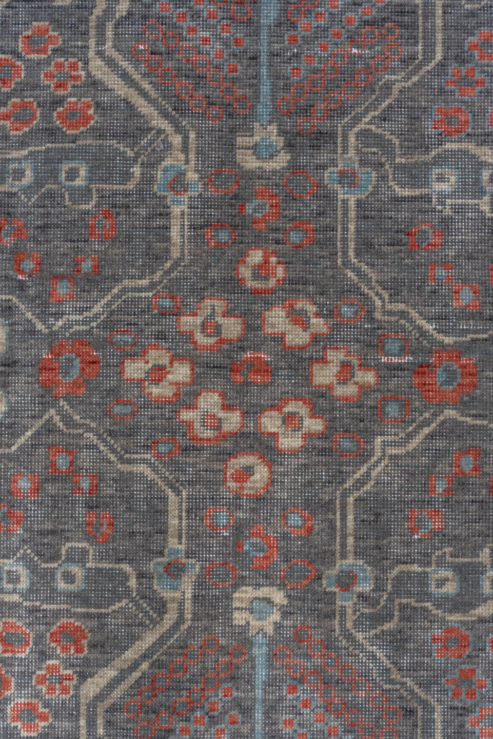 9' x 12' one-of-a-kind handmade vintage Machine large size rug. Color palette: black, brown, charcoal, dark gray, dim gray