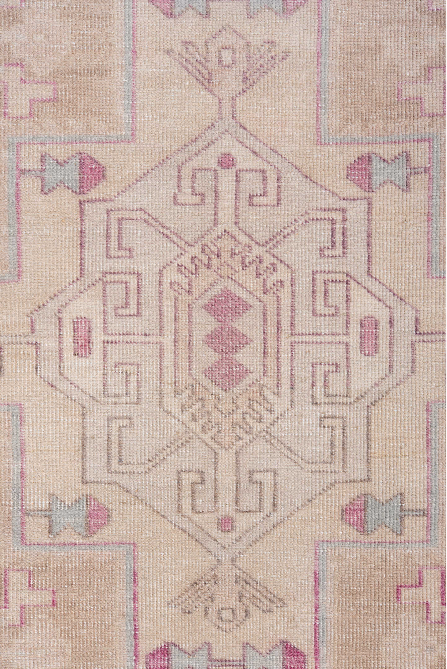 3' x 10' one-of-a-kind handmade vintage  runner rug. Color palette: gray, light gray, linen, off-white, pink, snow, white