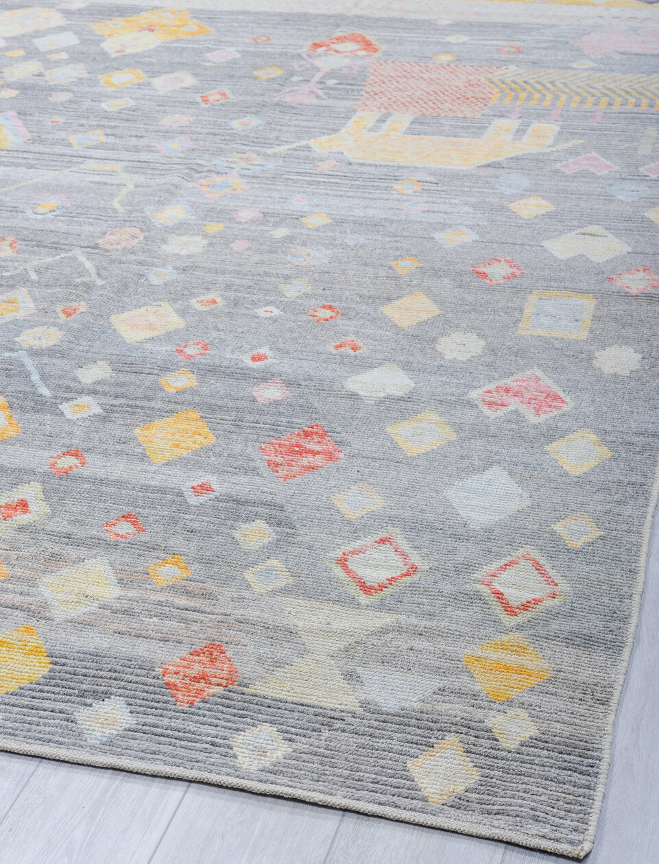 10' x 13' one-of-a-kind handmade vintage Tulu large size rug. Color palette: brown, gainsboro, gray, light blue, light gray