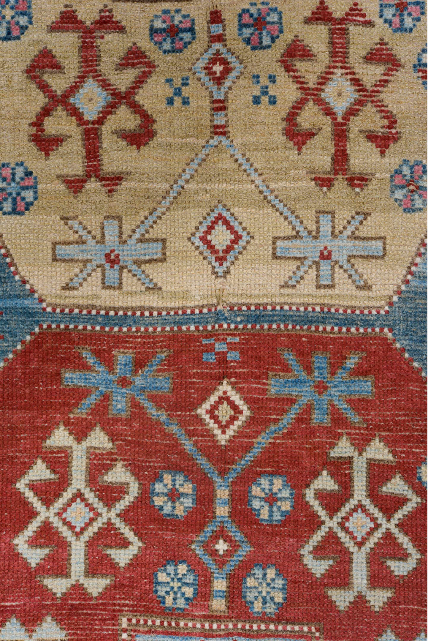 3' x 13' one-of-a-kind handmade vintage Caucasian runner rug. Color palette: red, brown, gray, pink, black, blue, light blue