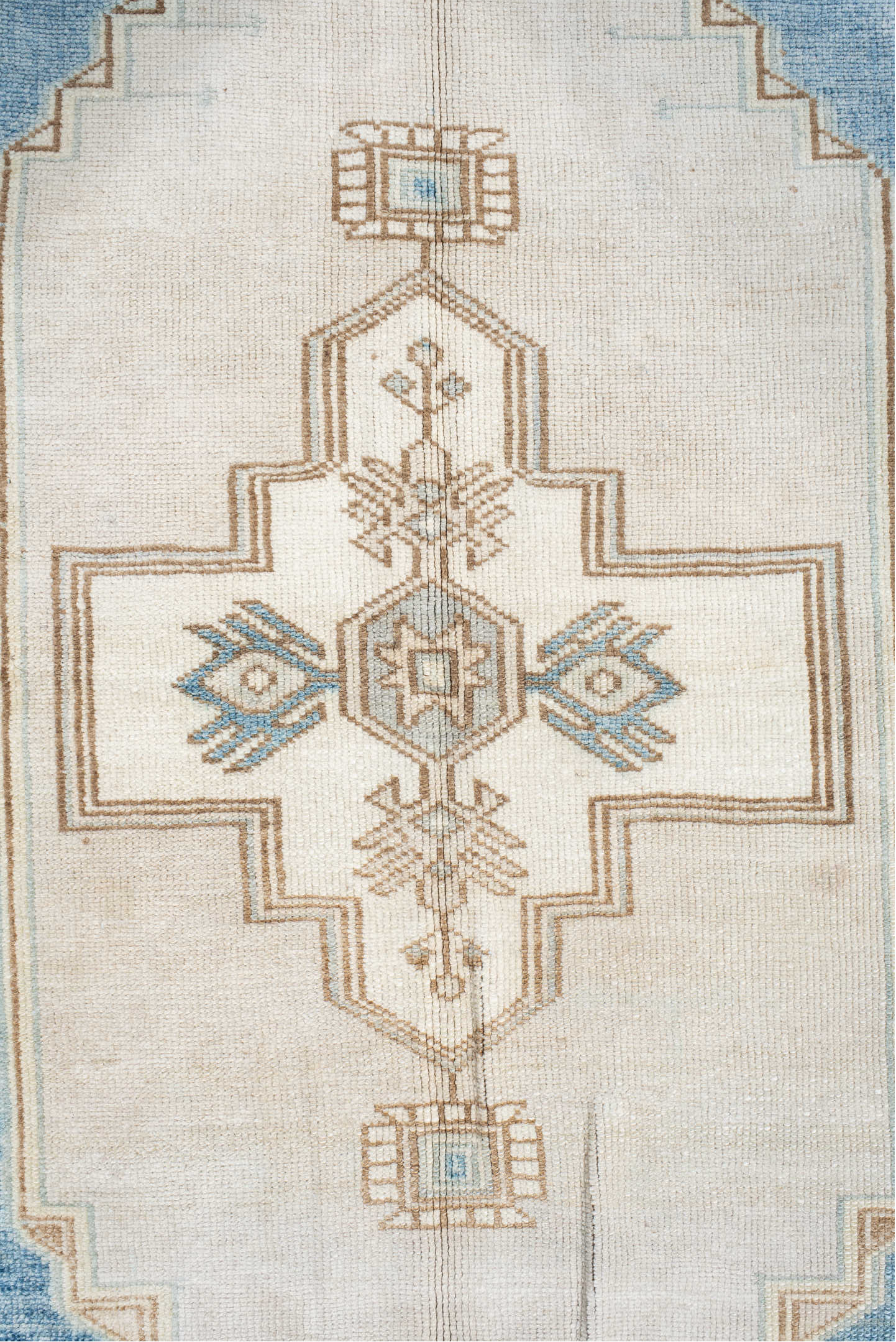 4' x 7' one-of-a-kind handmade vintage Anatol rug. Color palette: brown, dark gray, gainsboro, gray, light blue, light gray