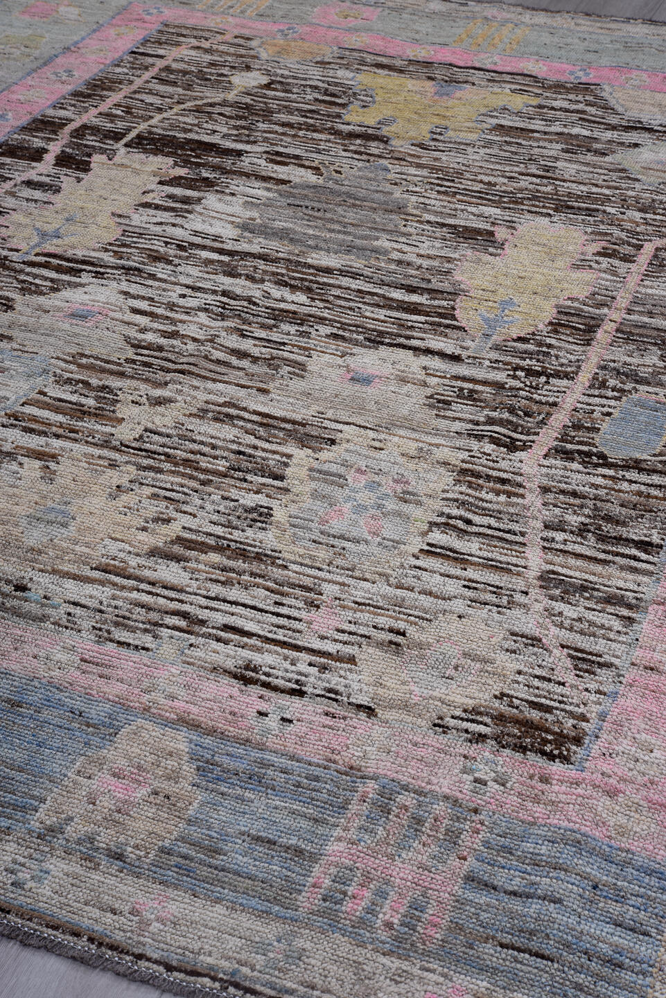 8' x 9' one-of-a-kind handmade vintage Oushak rug. Color palette: black, blue, brown, charcoal, dark gray, dim gray, fiord