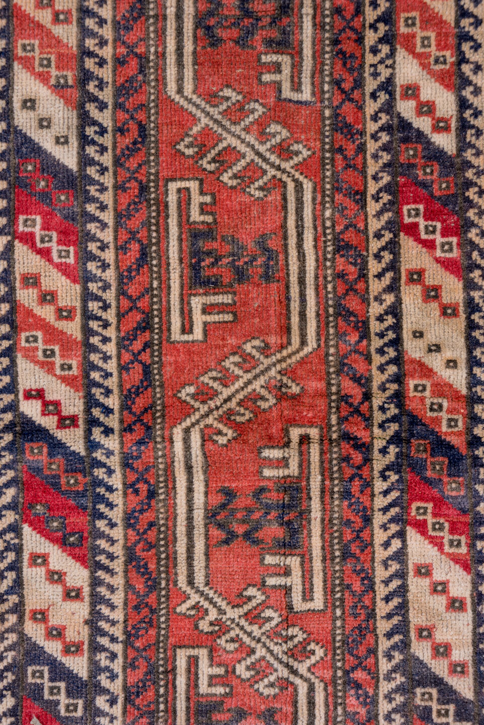 3' x 5' one-of-a-kind handmade vintage Oushak small size rug. Color palette: black, blue, brown, gray, off-white, pink, red