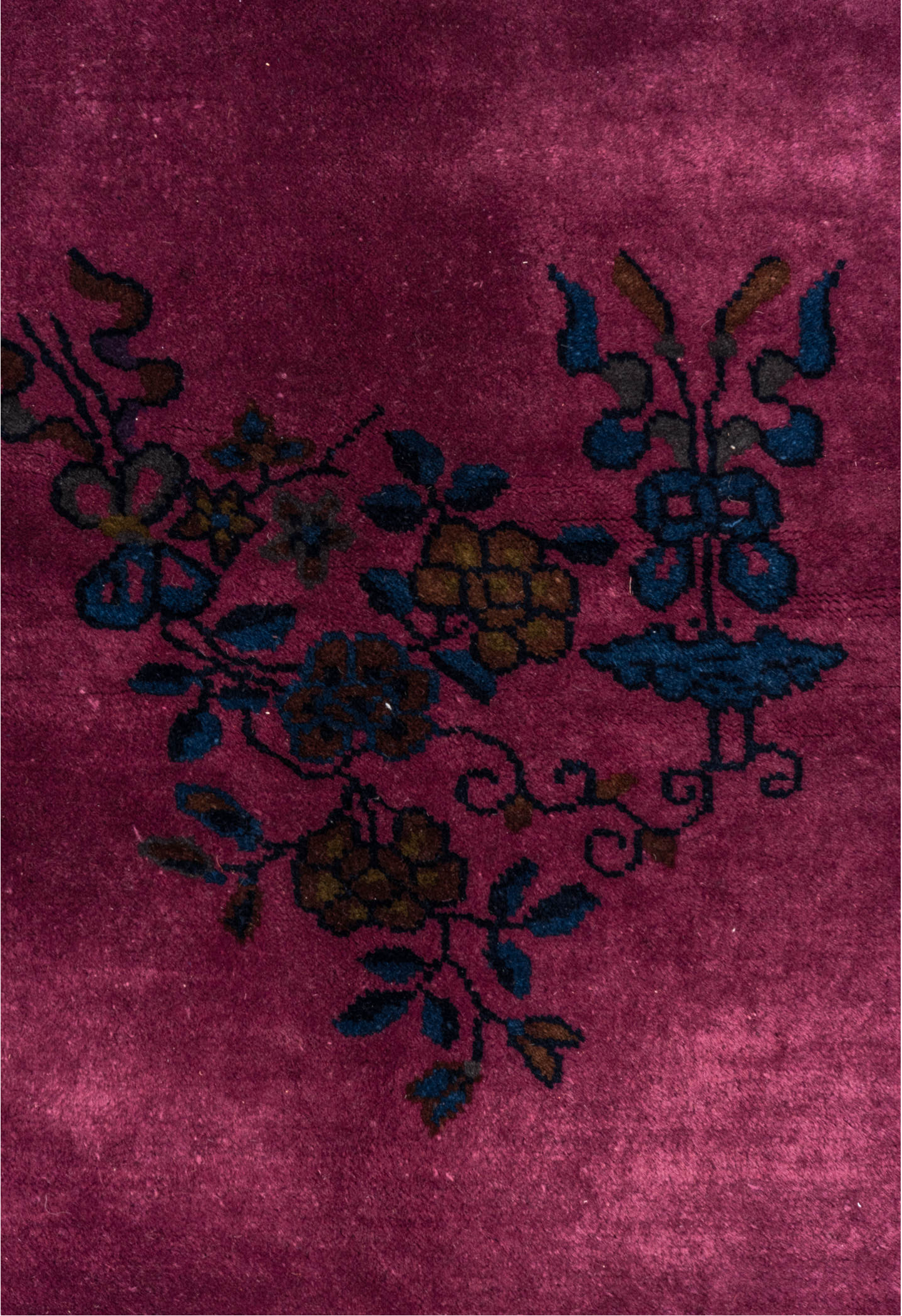 8' x 9' one-of-a-kind handmade vintage Chinese rug. Color palette: black, brown, gray, red