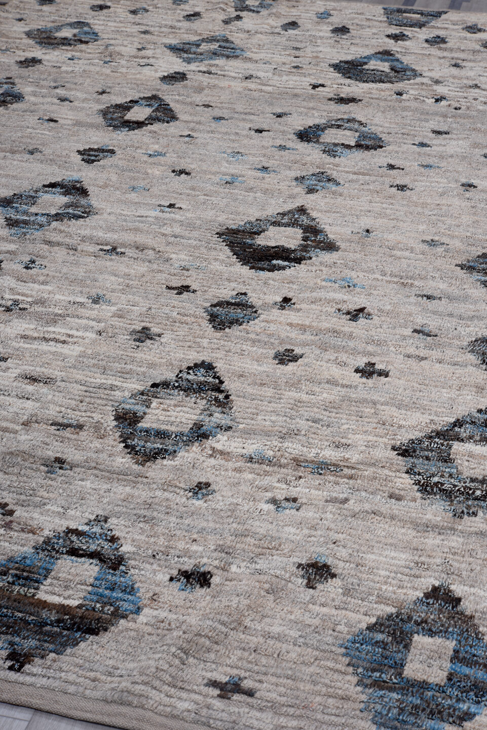 8' x 12' one-of-a-kind handmade vintage Tulu large size rug. Color palette: black, blue, charcoal, dark gray, dim gray