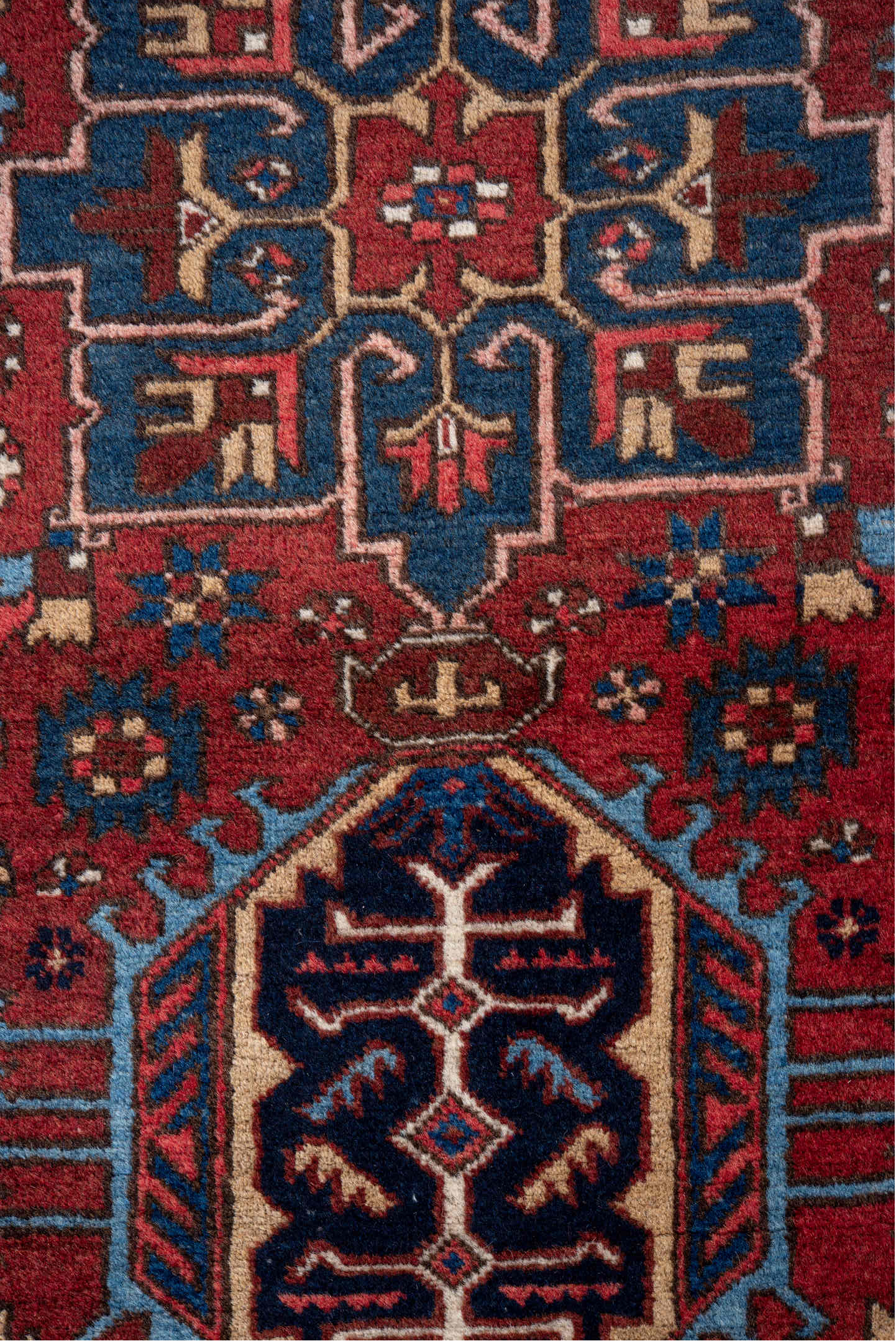 2' x 11' one-of-a-kind handmade vintage Heriz runner rug. Color palette: blue, brown, gray, pink, red