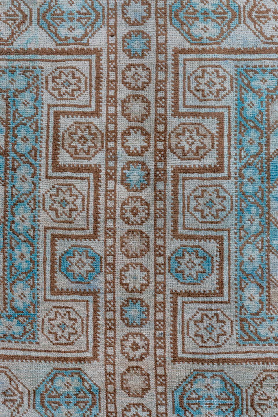 6' x 9' one-of-a-kind handmade vintage Turkish medium size rug. Color palette: black, blue, brown, gray, light gray