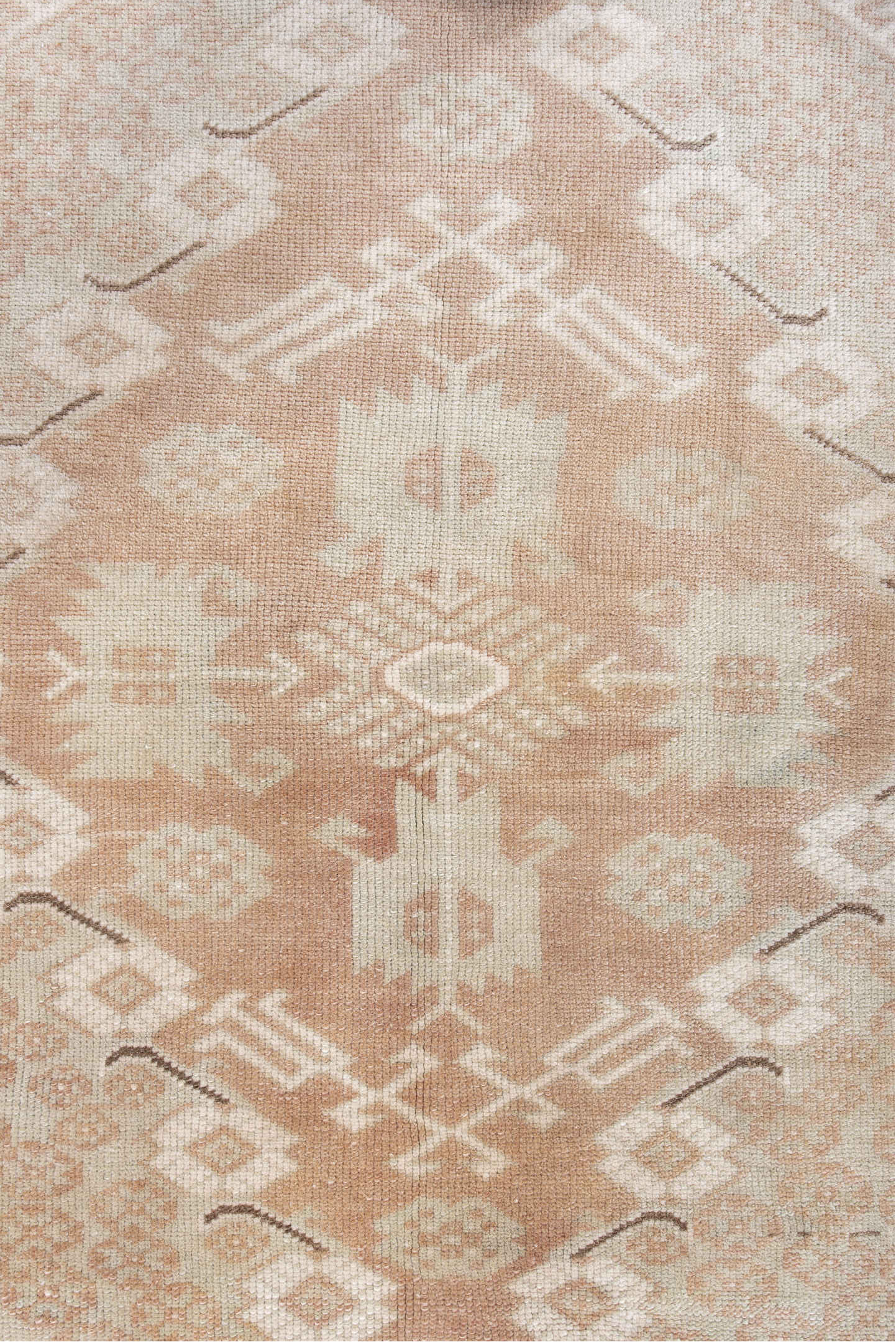 3' x 4' one-of-a-kind handmade vintage Oushak small size rug. Color palette: pink, gray, brown, off-white, light gray