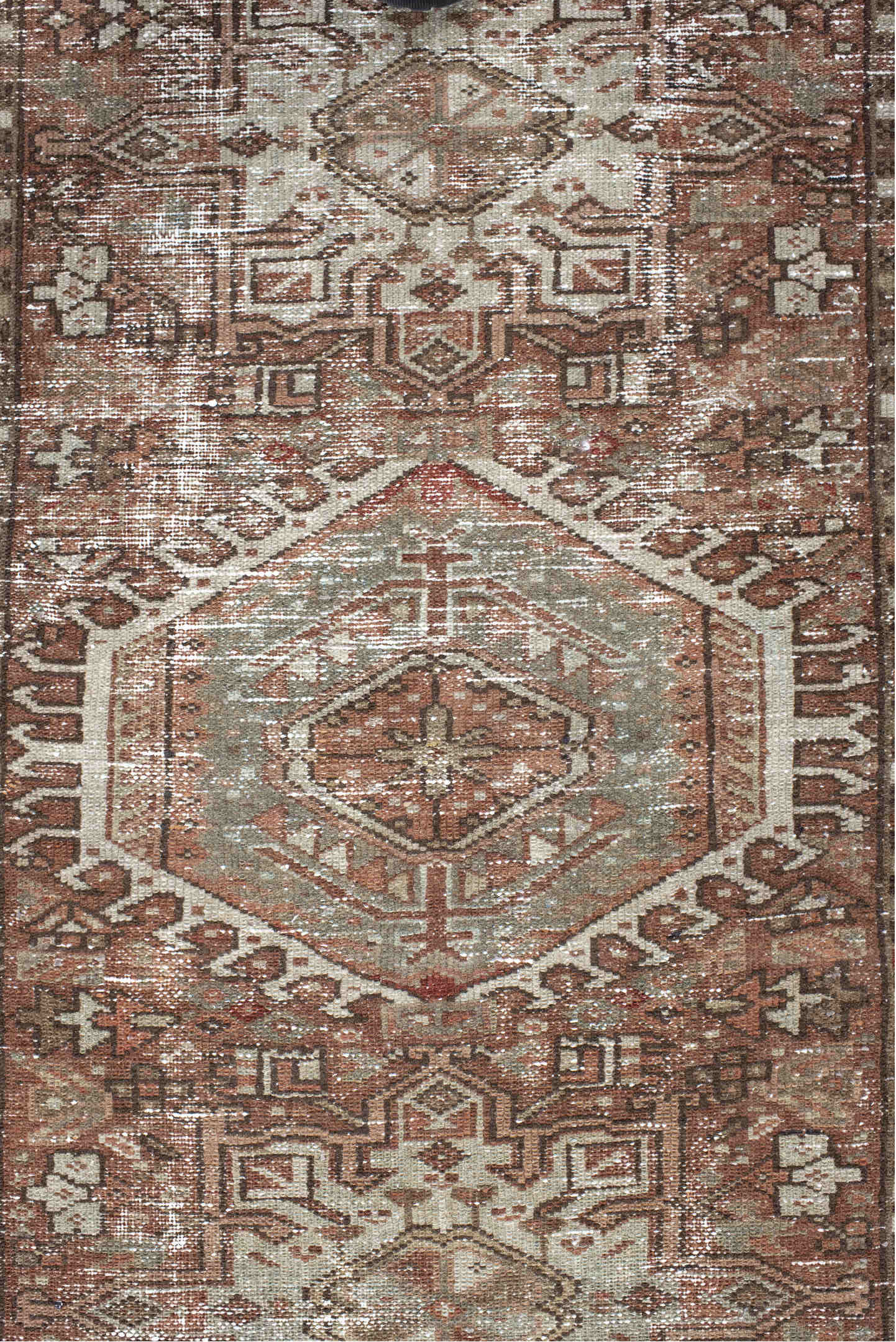 3' x 4' one-of-a-kind handmade vintage Karaje small size rug. Color palette: brown, gainsboro, gray, light gray, linen
