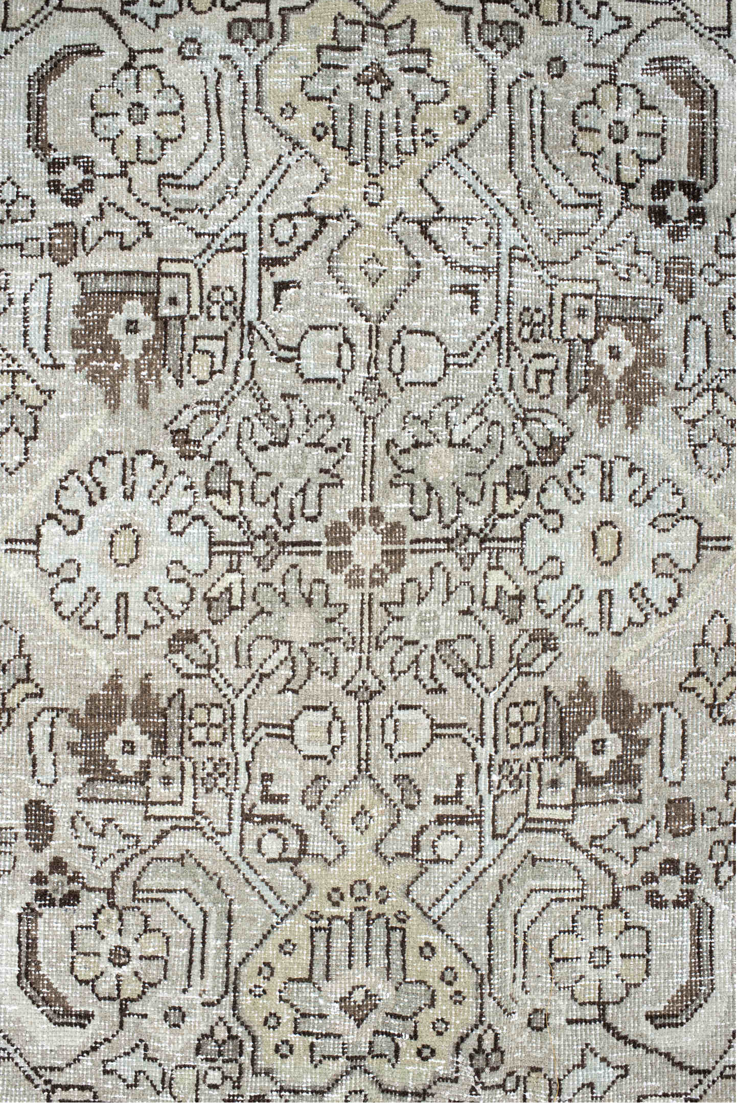 9' x 12' one-of-a-kind handmade vintage Mahal large size rug. Color palette: gray, light gray, off-white, black, dark gray