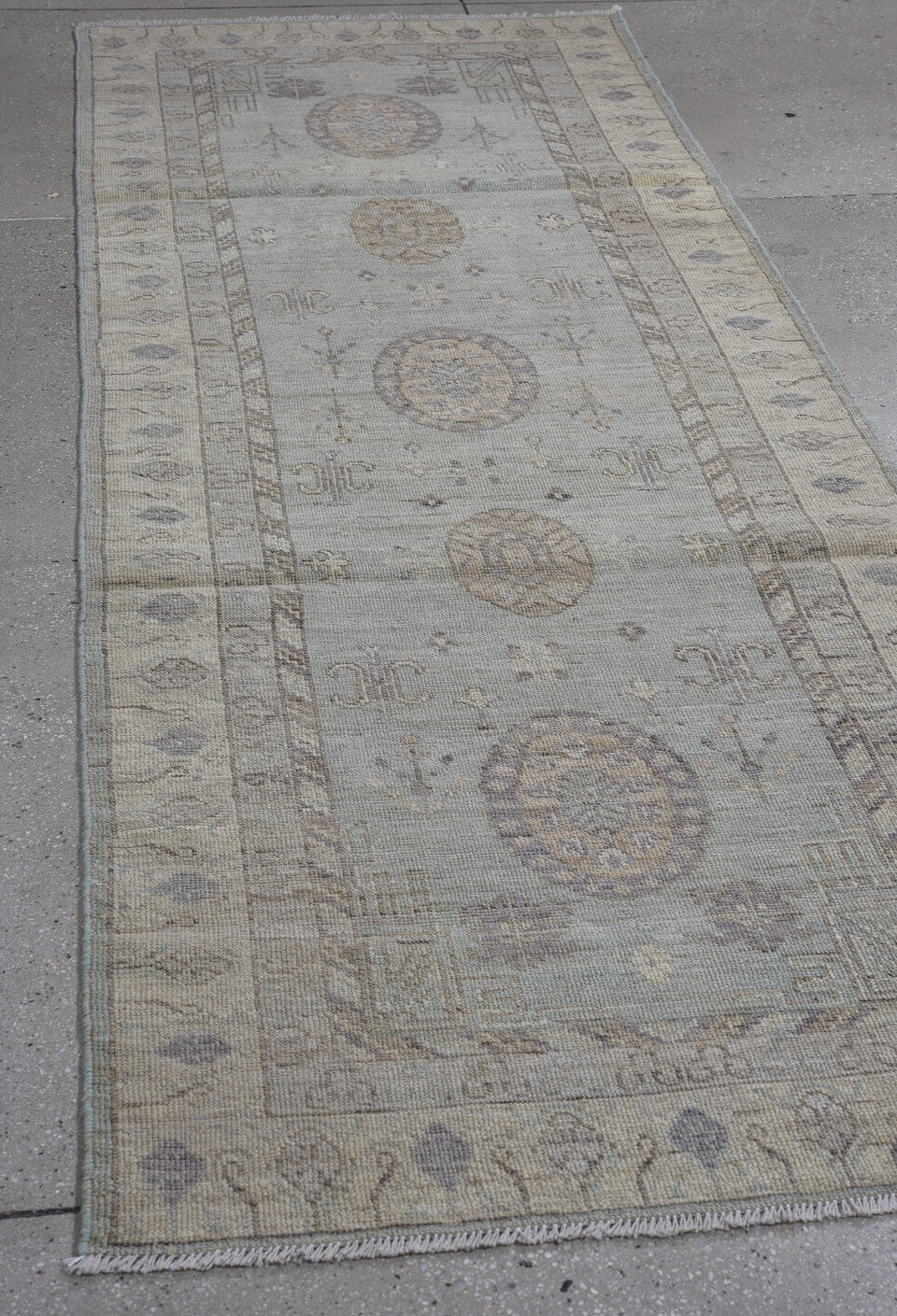 3' x 9' one-of-a-kind handmade vintage Oushak runner rug. Color palette: blue, dark gray, dim gray, gray, light gray, silver