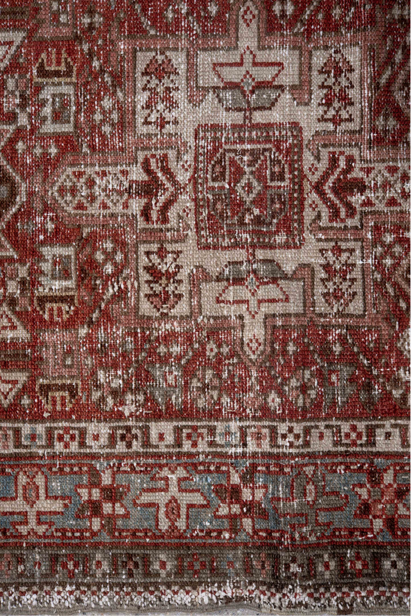 2' x 11' one-of-a-kind handmade vintage Karaje runner rug. Color palette: gray, light gray, pink, brown, off-white, red