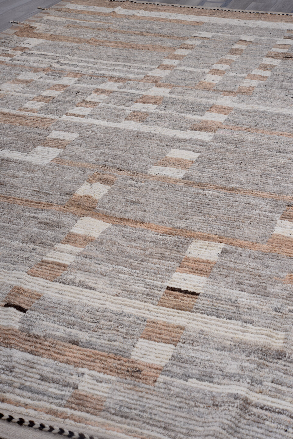 10' x 14' one-of-a-kind handmade vintage Tulu large size rug. Color palette: black, dim gray, gray, light gray, off-white