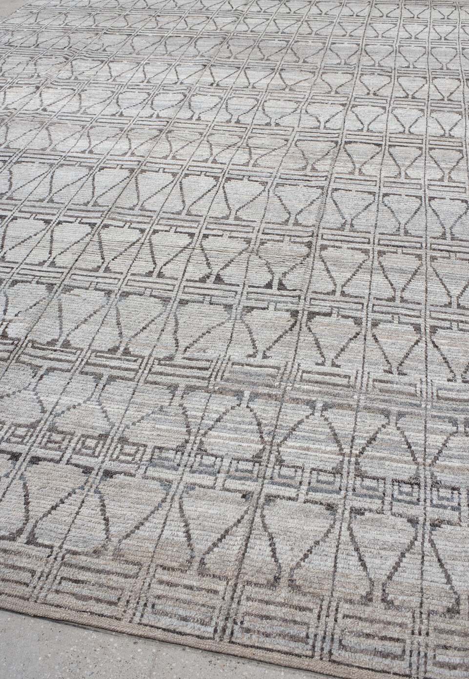 10' x 14' one-of-a-kind handmade vintage Tulu large size rug. Color palette: gray, light gray, off-white, pink, dark gray