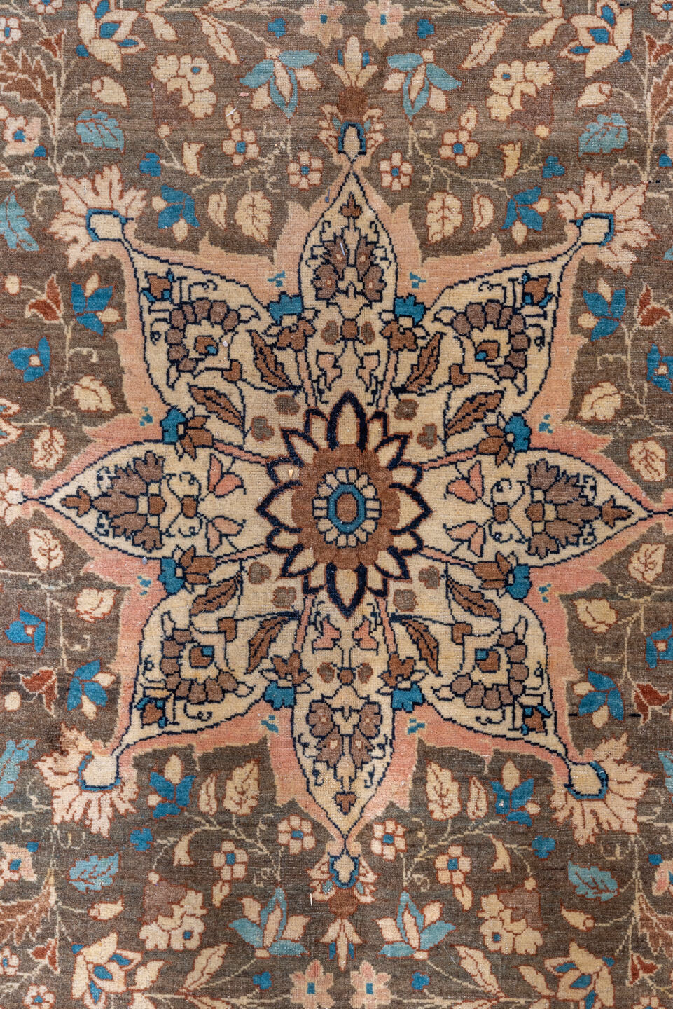 9' x 13' one-of-a-kind handmade vintage Tabriz large size rug. Color palette: gray, pink, blue, black, off-white, brown