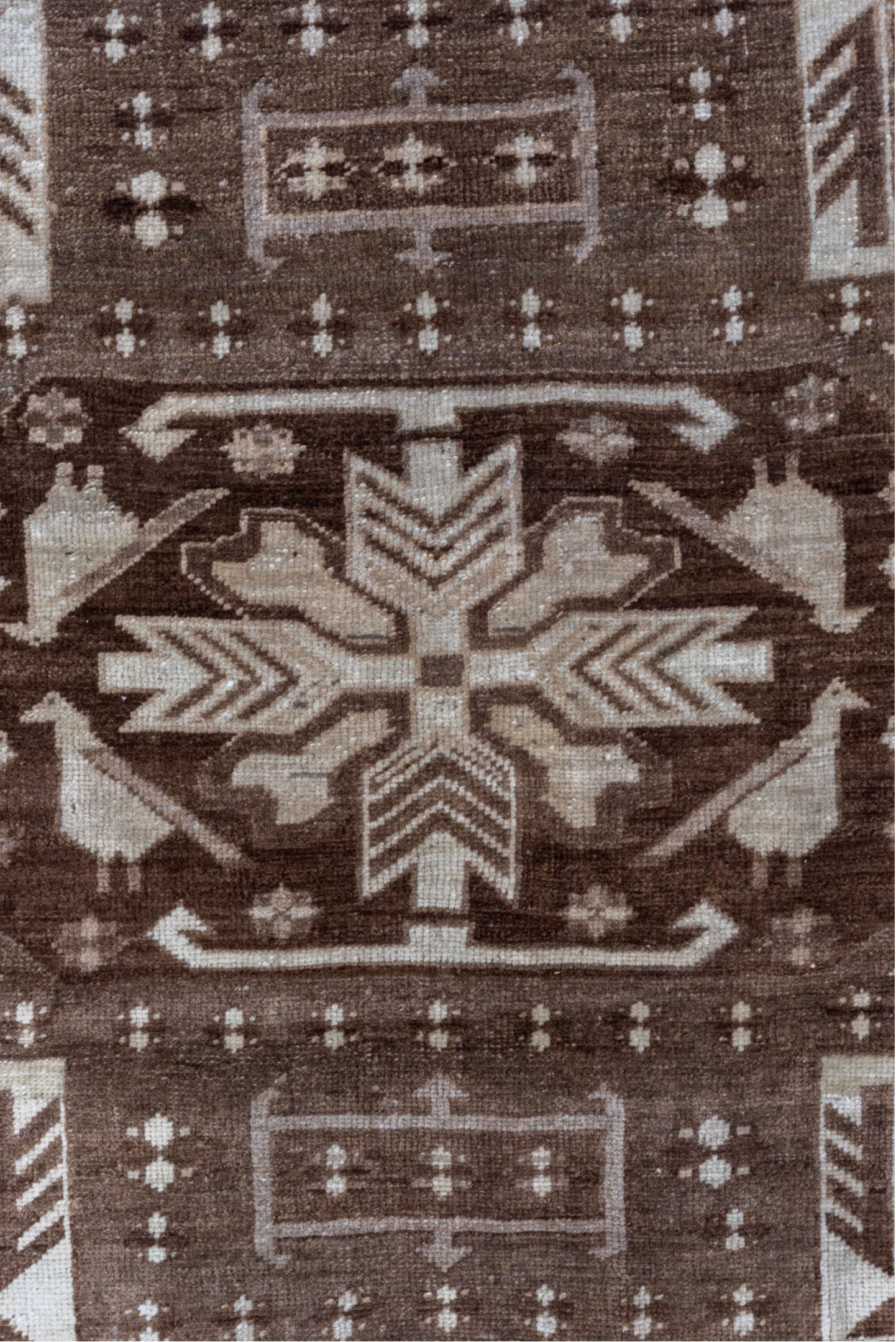 5' x 7' one-of-a-kind handmade vintage Kars rug. Color palette: brown, gray, pink