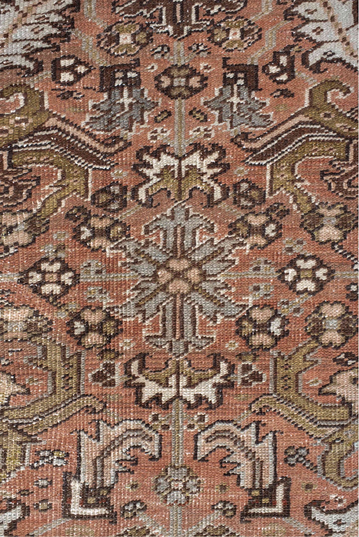 7' x 8' one-of-a-kind handmade vintage Heriz rug. Color palette: antiquewhite, black, brown, charcoal, gray, light gray