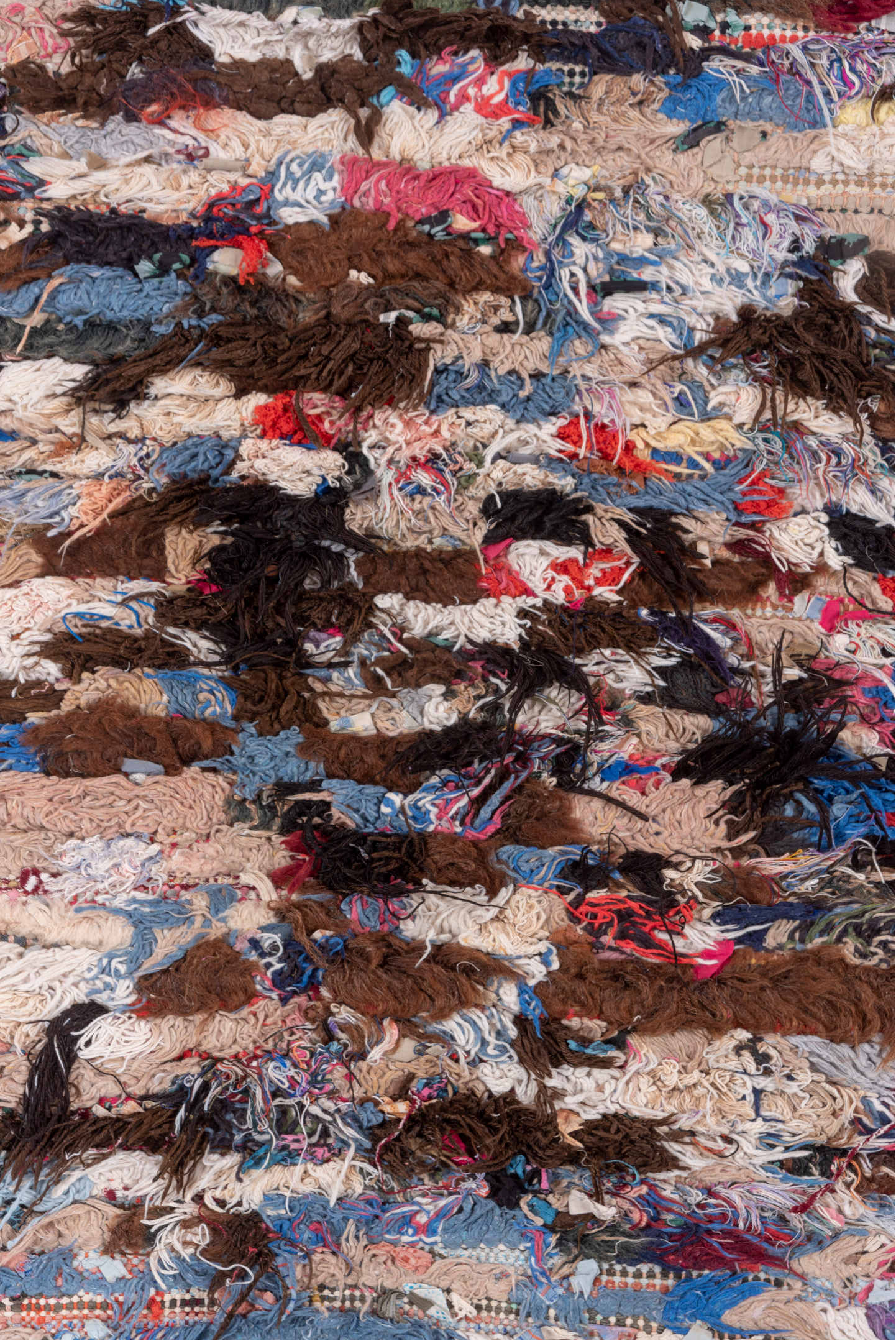 2' x 6' one-of-a-kind handmade vintage Rag Rug runner rug. Color palette: blue, brown, gray, light blue, light gray