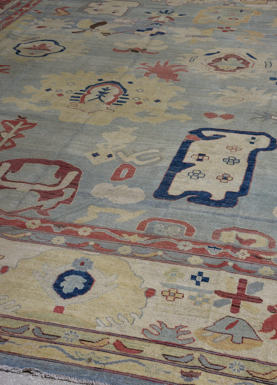 11' x 16' one-of-a-kind handmade vintage Oushak oversize rug. Color palette: blue, brown, gray, pink, red