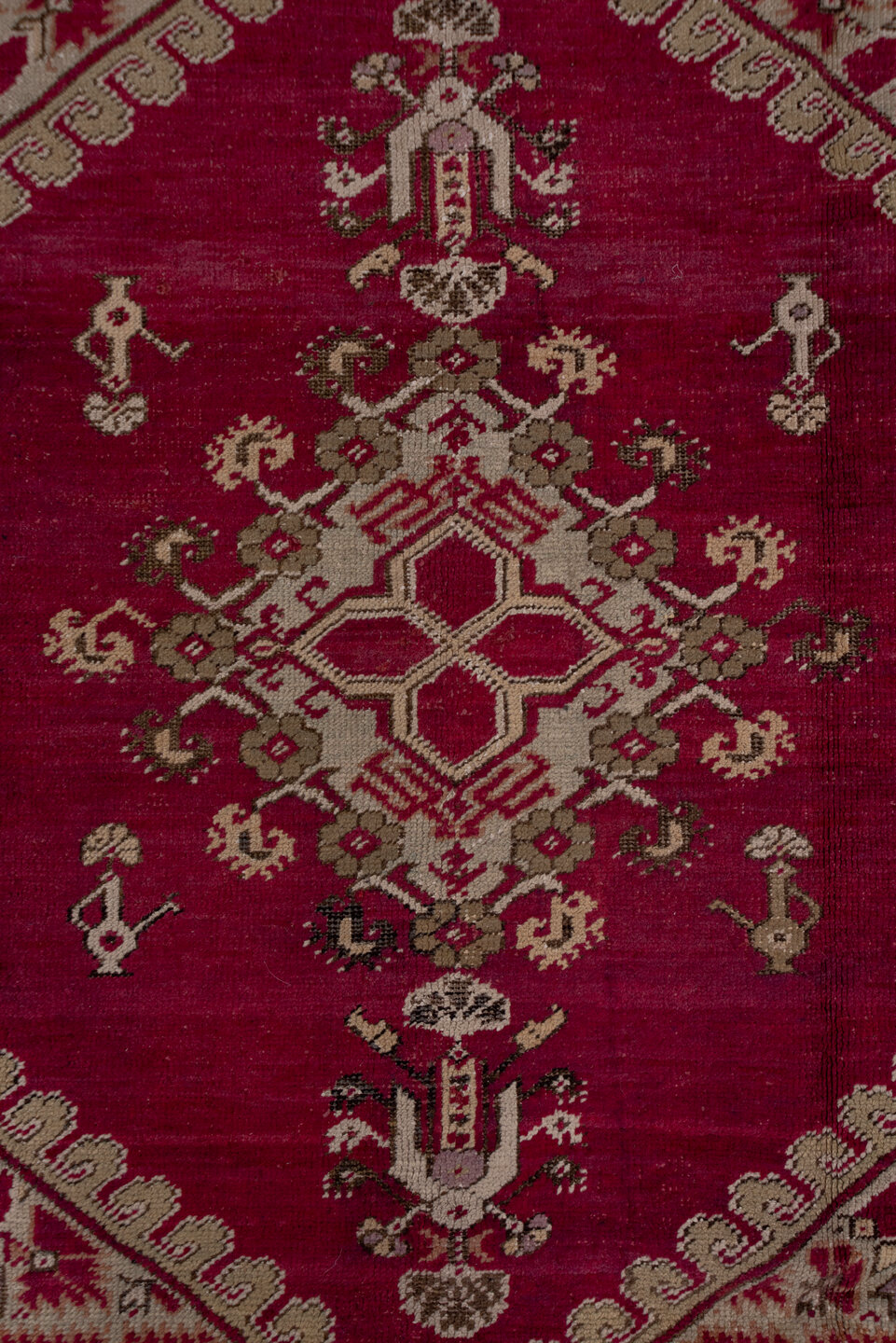 6' x 11' one-of-a-kind handmade vintage Ghordes large size rug. Color palette: brown, gray, off-white, pink, red, snow