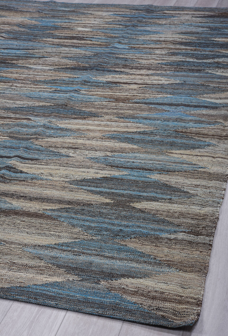 8' x 12' one-of-a-kind handmade vintage Kilim large size rug. Color palette: arapawa, black, blue, charcoal, dark gray, gray