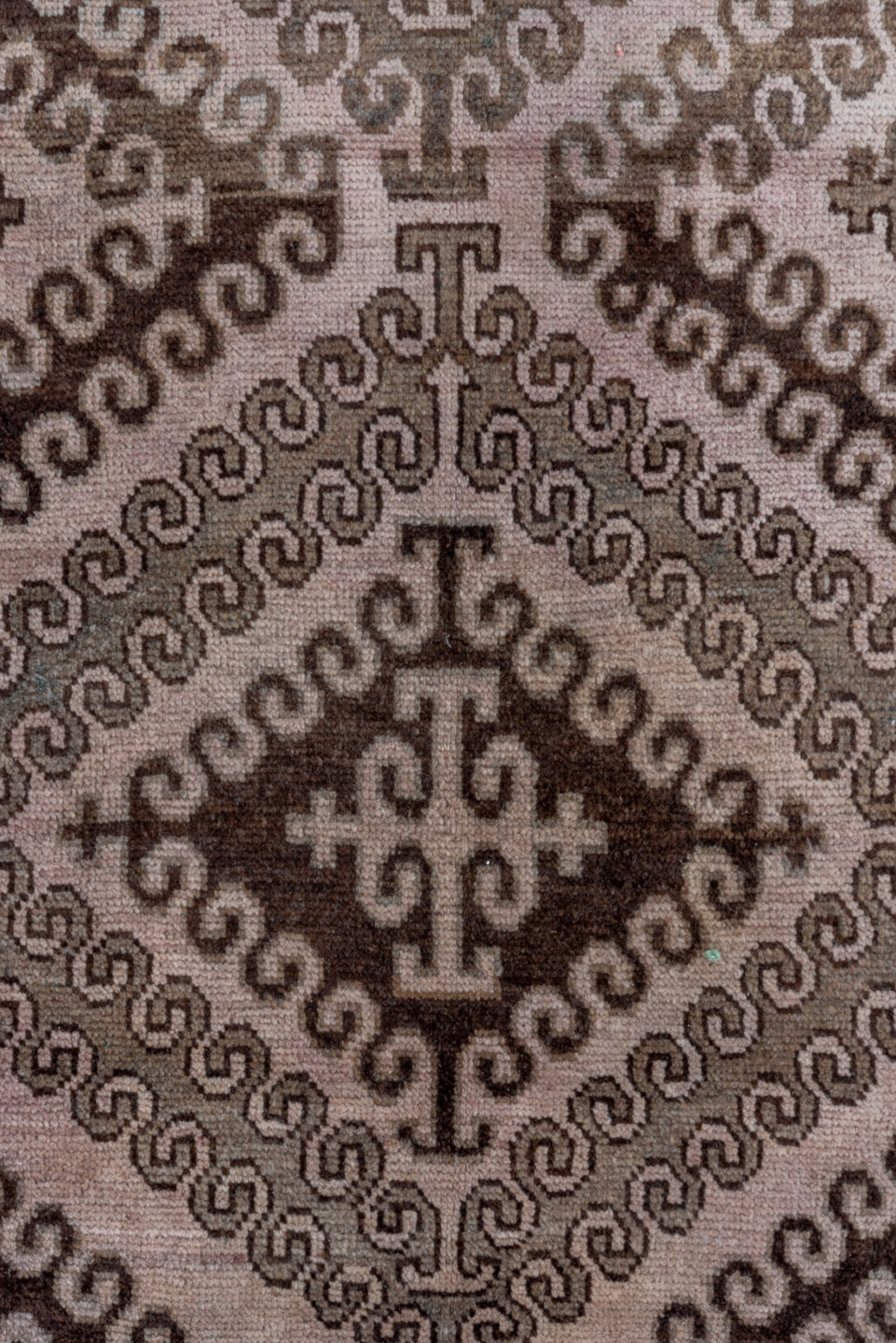 5' x 8' one-of-a-kind handmade vintage Belouch medium size rug. Color palette: brown, gray, light gray, pink