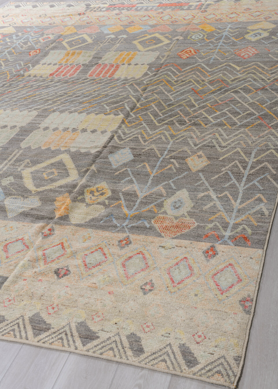 10' x 13' one-of-a-kind handmade vintage Tulu large size rug. Color palette: brown, gray, light gray, off-white, pink