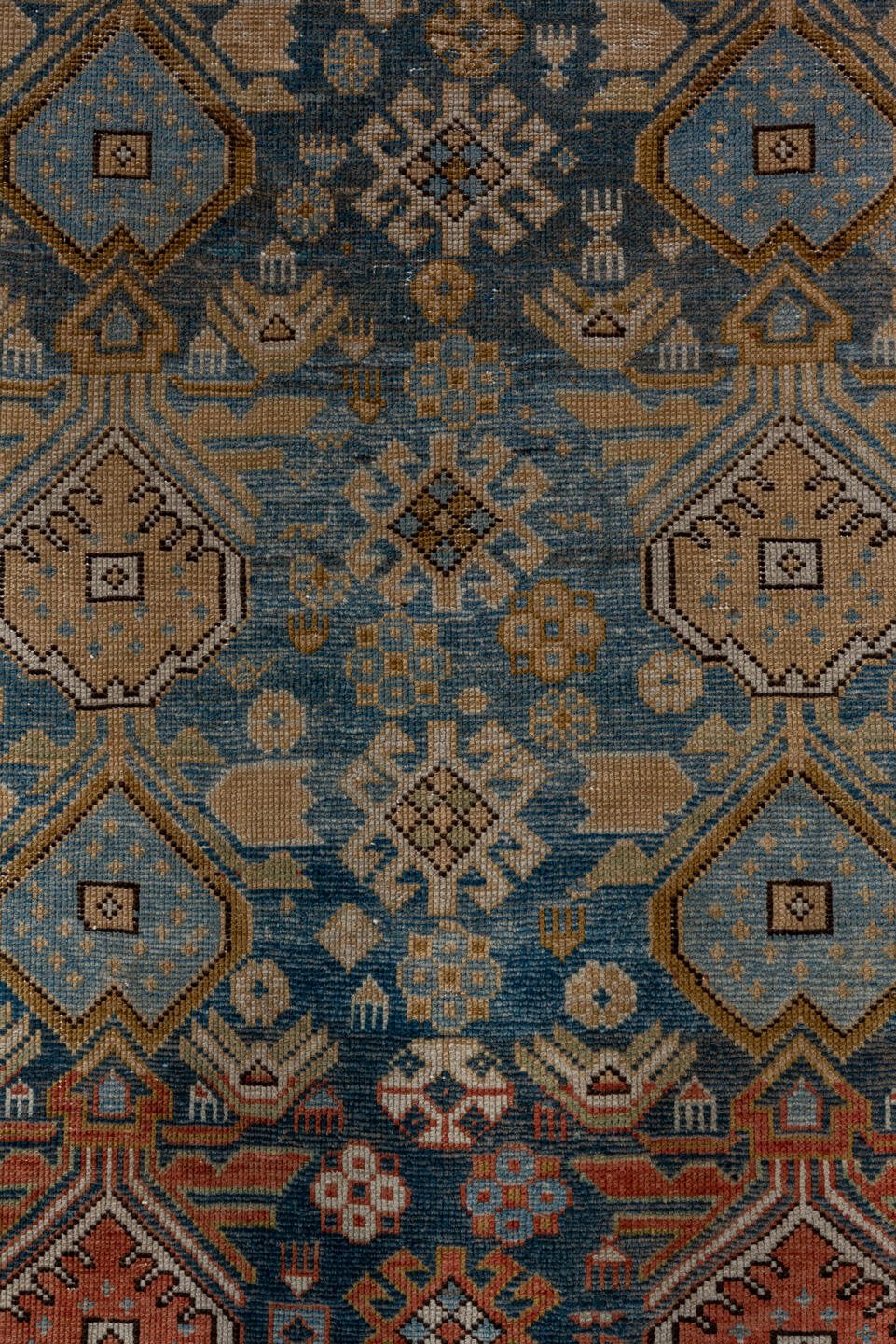 4' x 4' one-of-a-kind handmade vintage Shirvan small size rug. Color palette: black, blue, brown, charcoal, gray, light gray