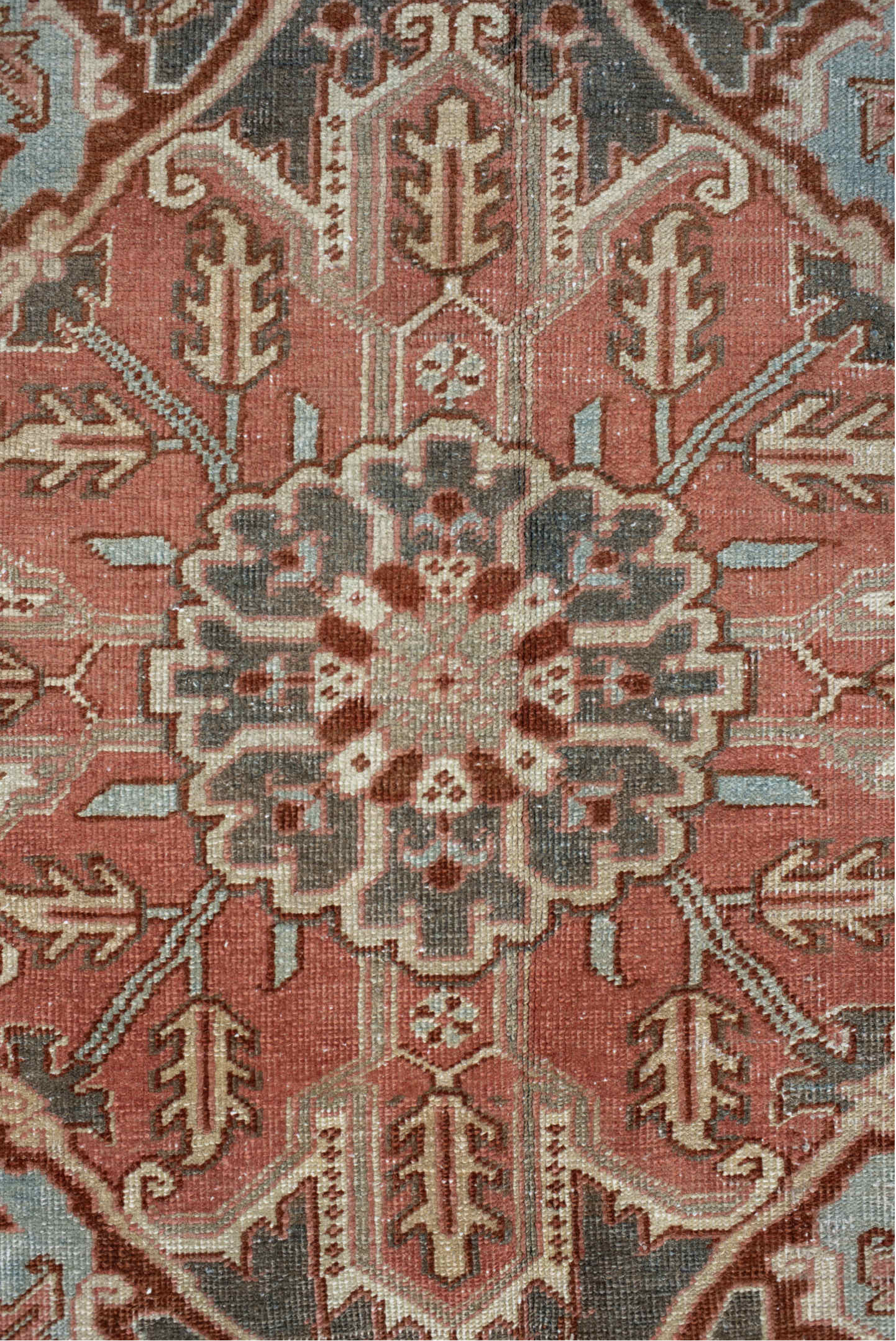 9' x 13' one-of-a-kind handmade vintage Heriz large size rug. Color palette: off-white, gray, pink, light gray, brown