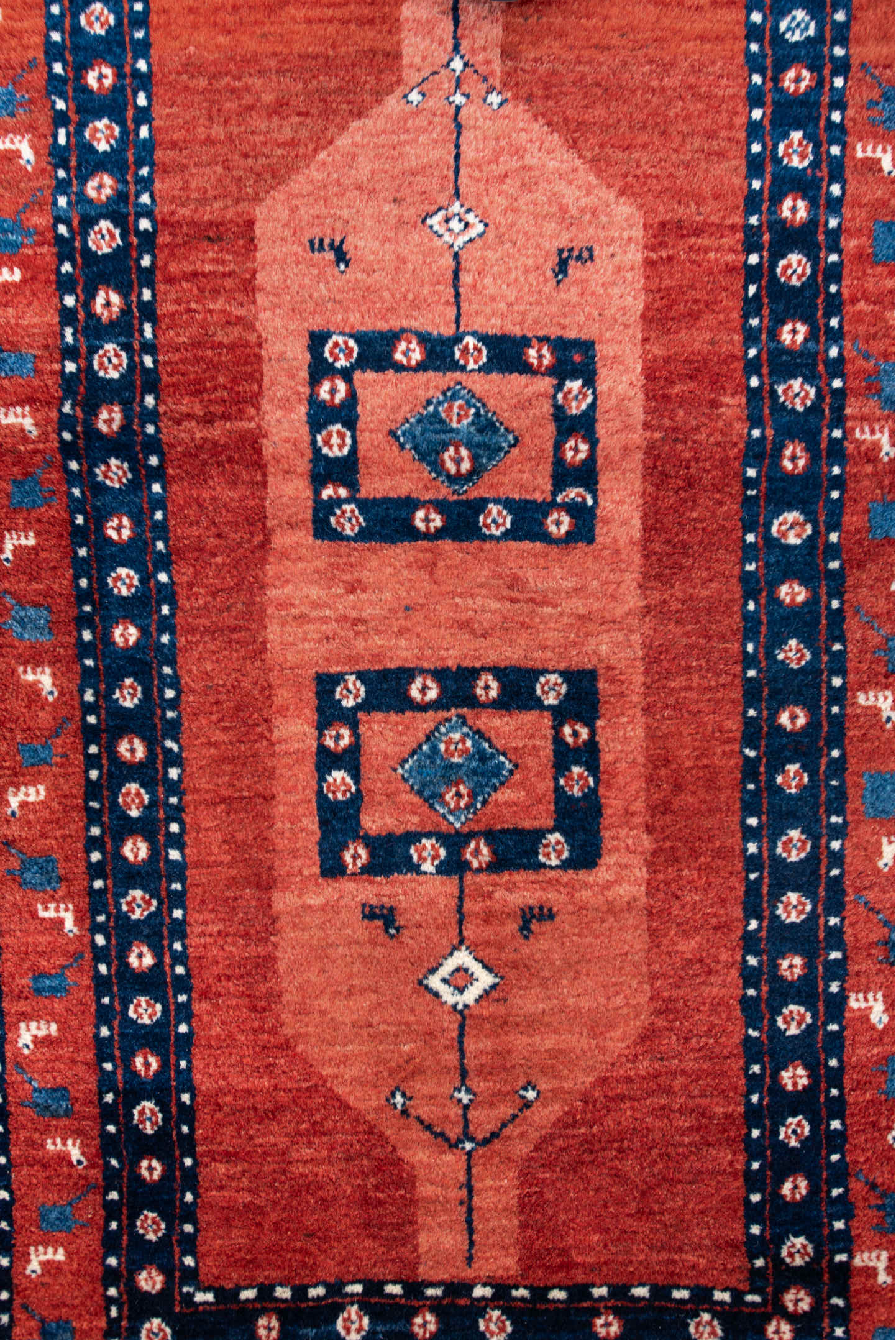 2' x 4' one-of-a-kind handmade vintage Gabbe small size rug. Color palette: gray, light gray, red, pink, brown, black, blue
