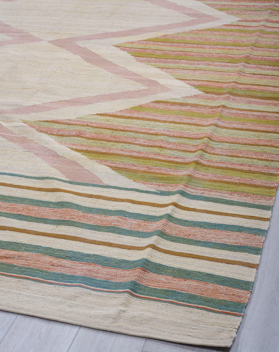 8' x 12' one-of-a-kind handmade vintage Kilim large size rug. Color palette: blue, brown, dark gray, gainsboro, gray