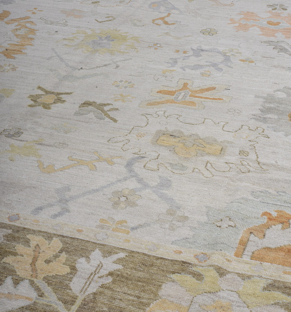 11' x 14' one-of-a-kind handmade vintage Oushak oversize rug. Color palette: brown, dark gray, gainsboro, gray, light gray