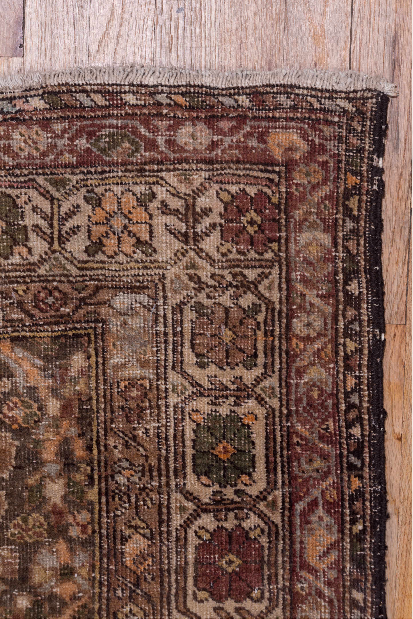 2' x 13' one-of-a-kind handmade vintage Sarab runner rug. Color palette: brown, dark gray, gray, pink, saddle brown