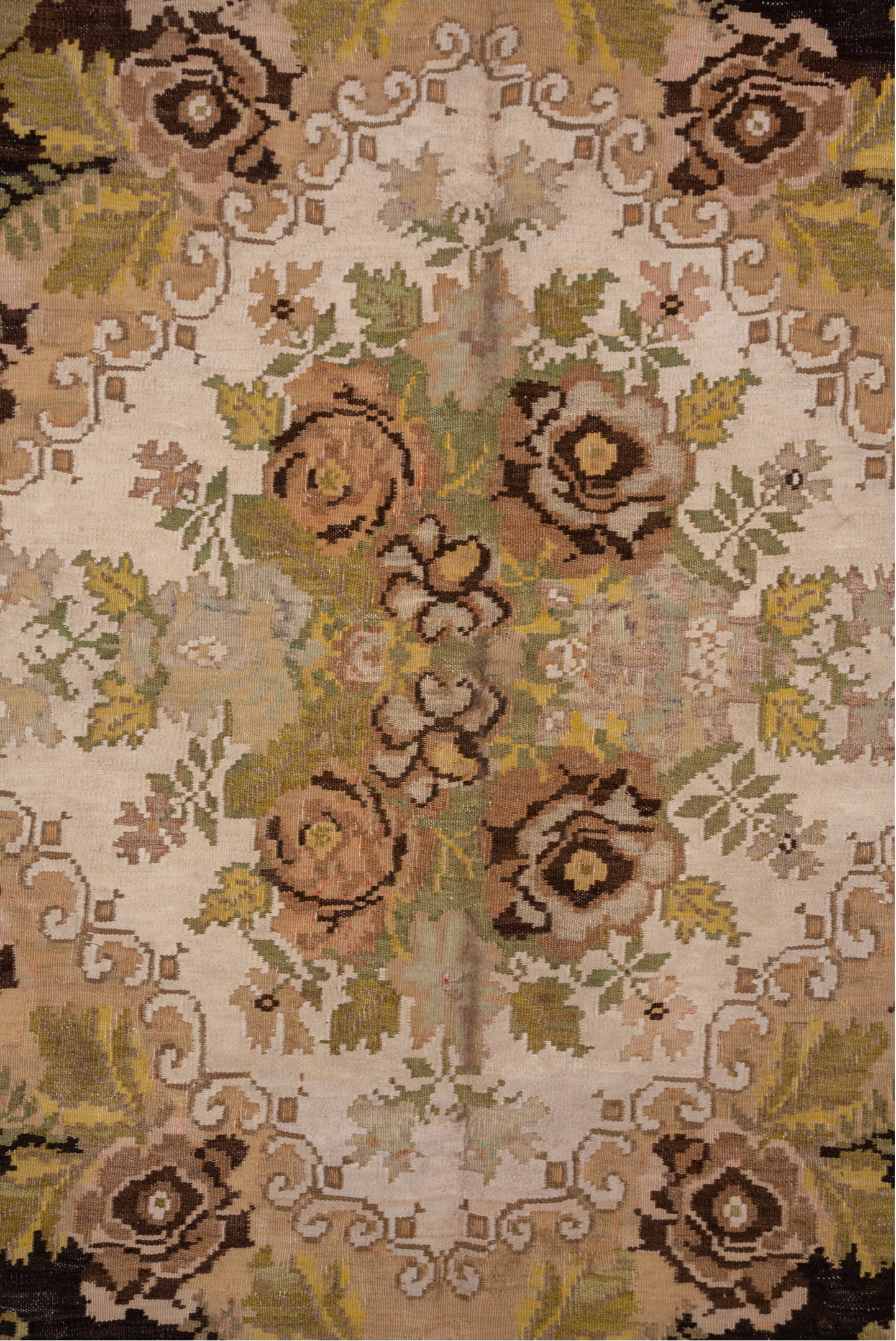 6' x 8' one-of-a-kind handmade vintage Kilim medium size rug. Color palette: brown, burlywood, gray, orange, pink, tan