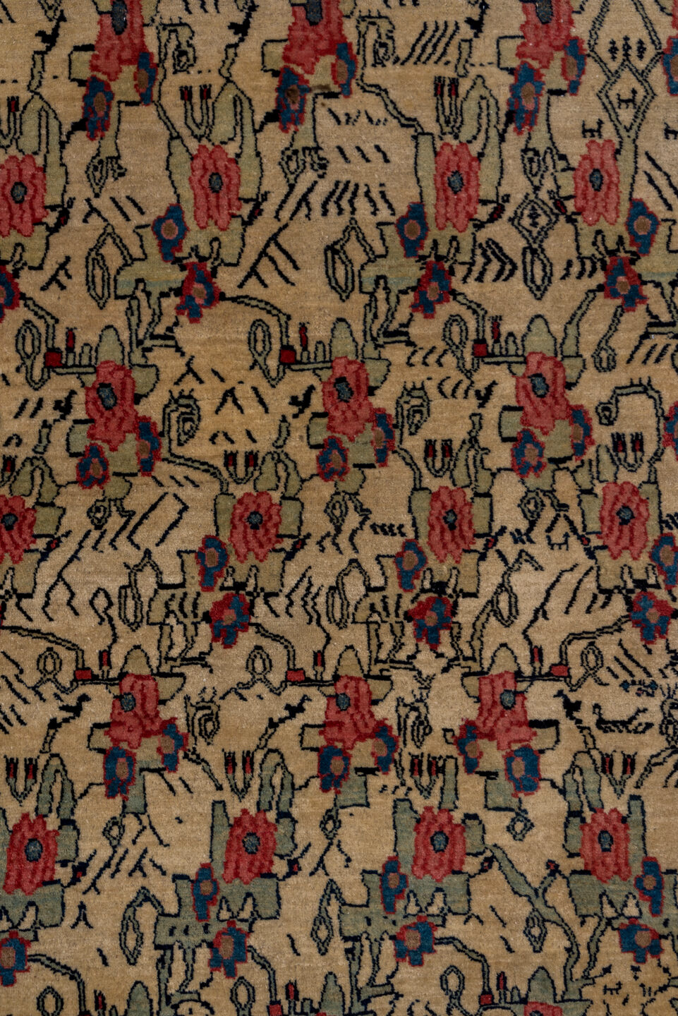 4' x 7' one-of-a-kind handmade vintage Bidjar rug. Color palette: arapawa, black, blue, brown, gray, off-white, pink, red