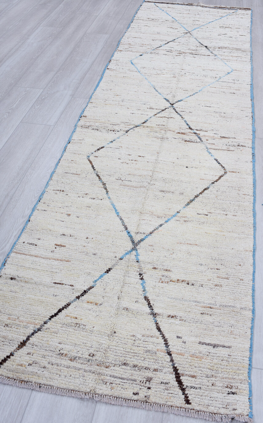 2' x 11' one-of-a-kind handmade vintage Tulu runner rug. Color palette: blue, dark gray, gainsboro, gray, light blue