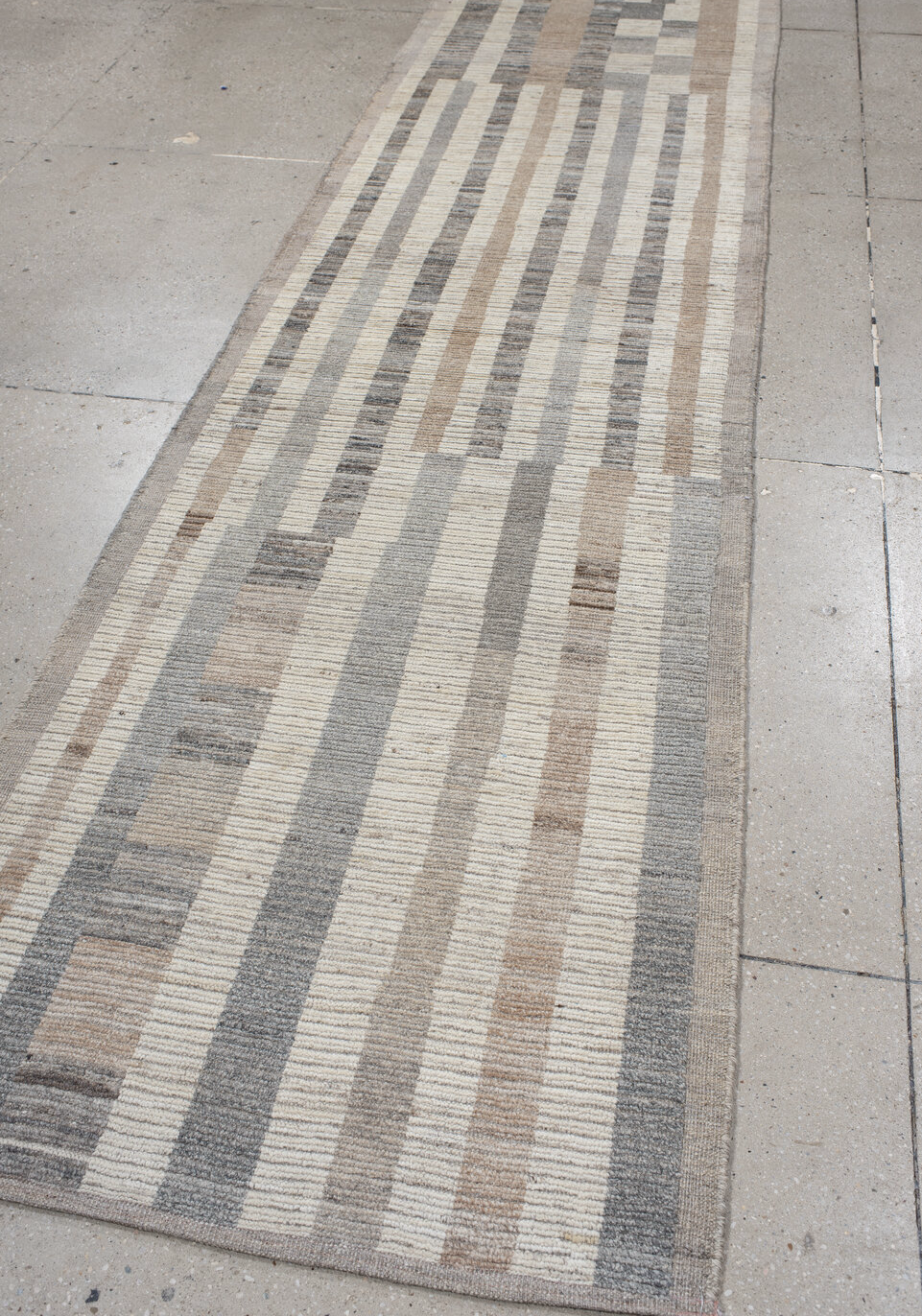 3' x 12' one-of-a-kind handmade vintage Tulu runner rug. Color palette: dark gray, dim gray, gainsboro, gray, light gray